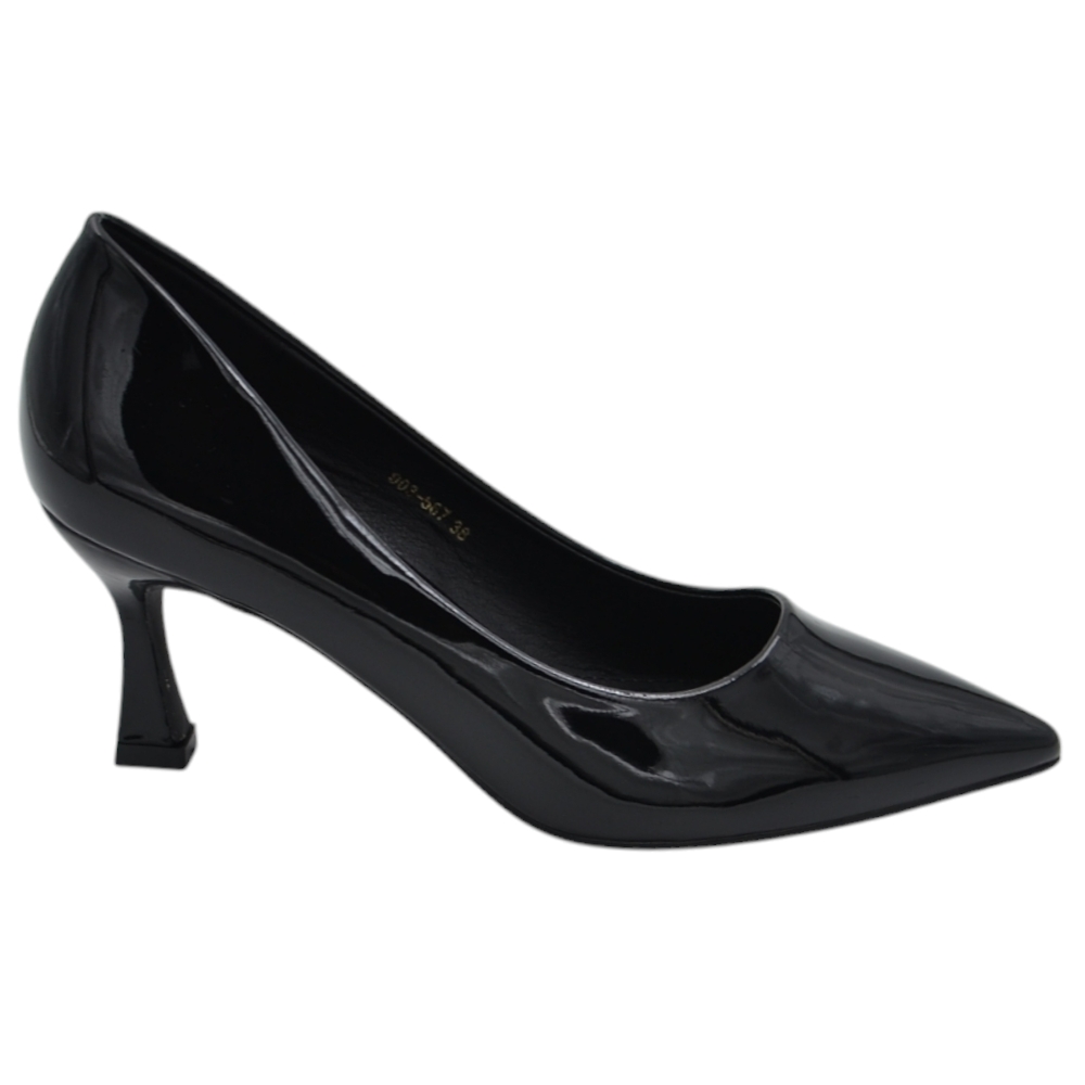 Decolette' donna in pelle vernice lucida nera con punta tacco sottile clessidra 5 cm linea basic .