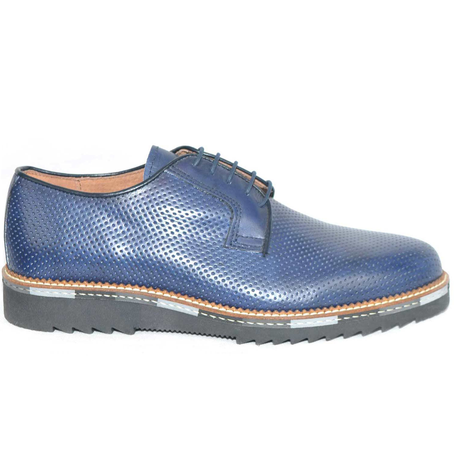 Scarpe uomo stringate inglese blu abrasivato lucido vera pelle made in italy effetto forato interno in vera pelle 