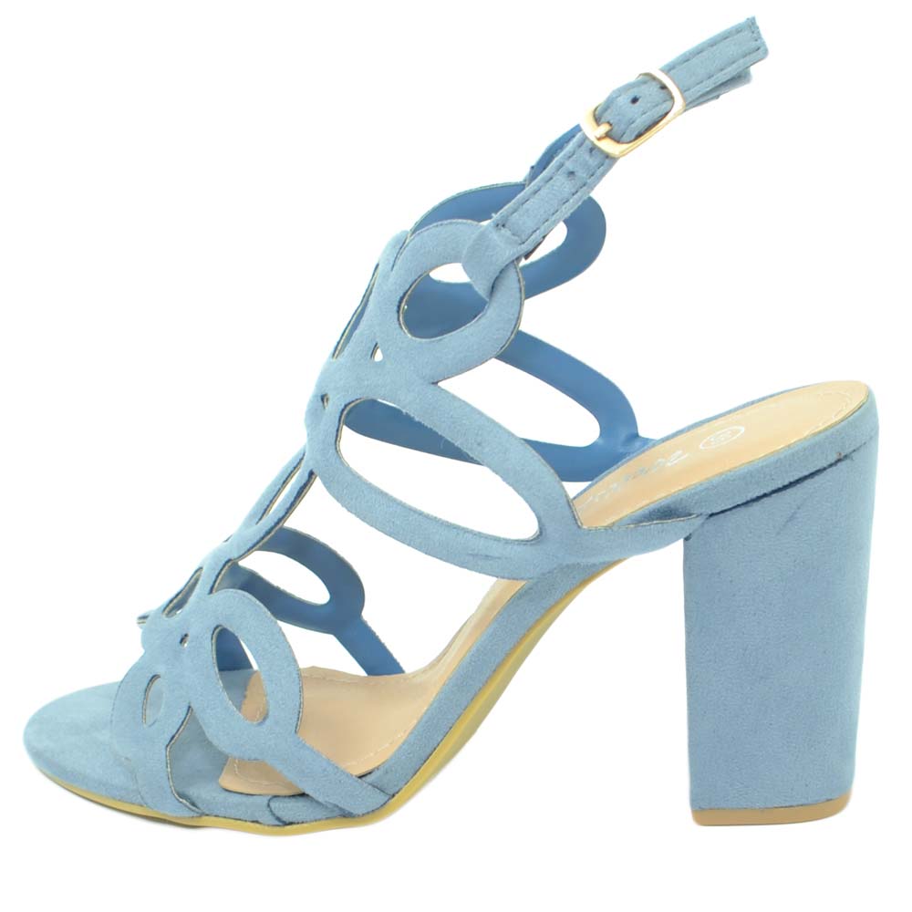 Sandalo donna nubuk azzurro polvere tacco largo cinturino alla caviglia  aperto s | eBay