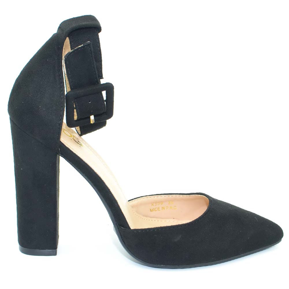 Decollete' donna nero a punta in camoscio con cinturino alla caviglia tacco  largo moda tendenza linea luxury donna d�collet� Malu Shoes | MaluShoes