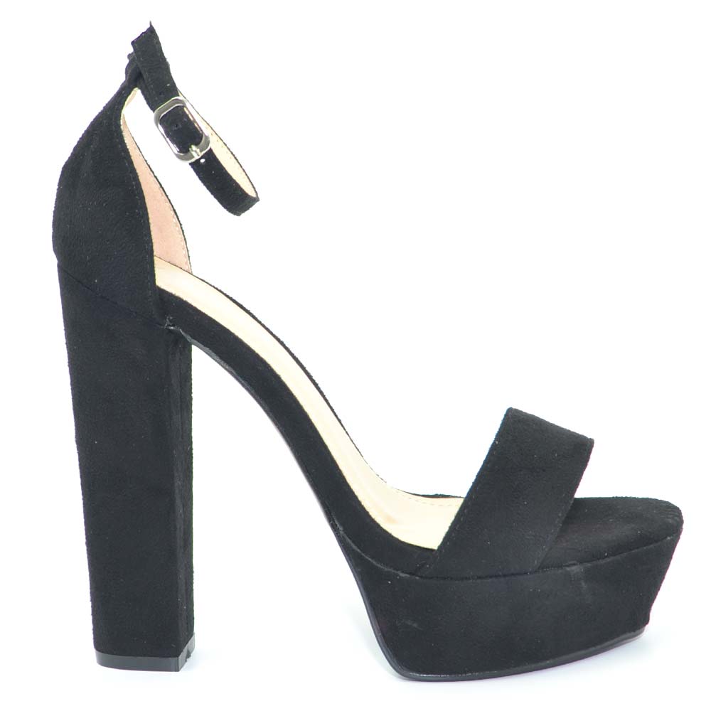 Sandalo donna nero in camoscio tacco largo alto 15 cm plateau 4 cm  cinturino all | eBay