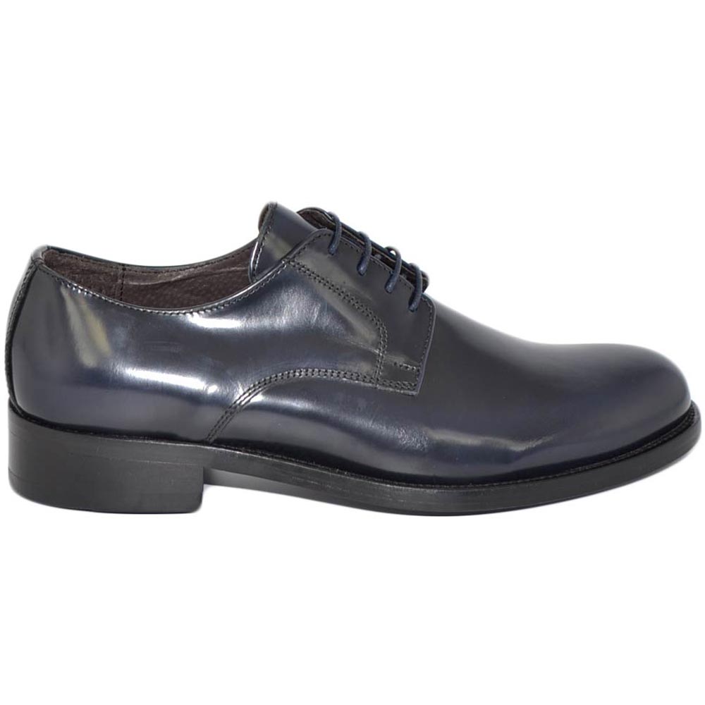 Scarpe uomo stringata classica 014 in vera pelle abrasivato blu notte made in italy fondo cuoio cucito linea business