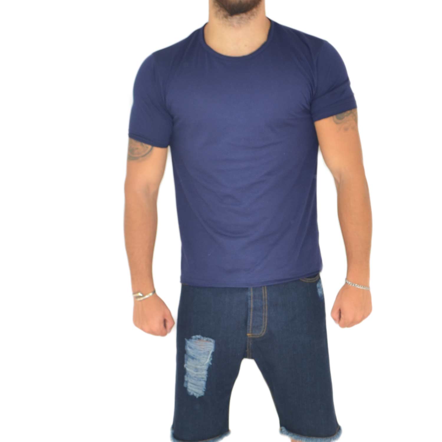 T- shirt basic uomo in cotone elastico blu avion slim fit girocollo con cucitura in tinta made in italy.