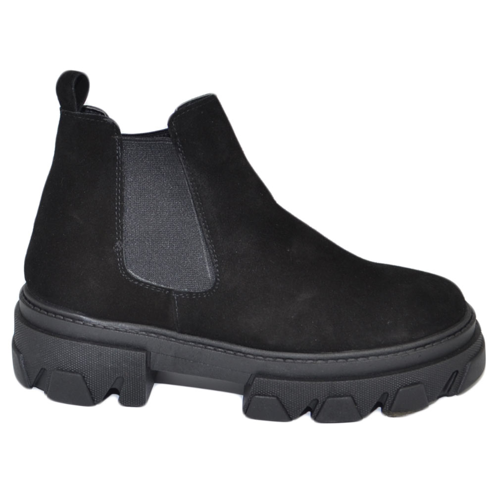Stivaletti donna chelsea boots combat vera pelle camoscio nero fondo alto elastico collo basso caviglia made in Italy .