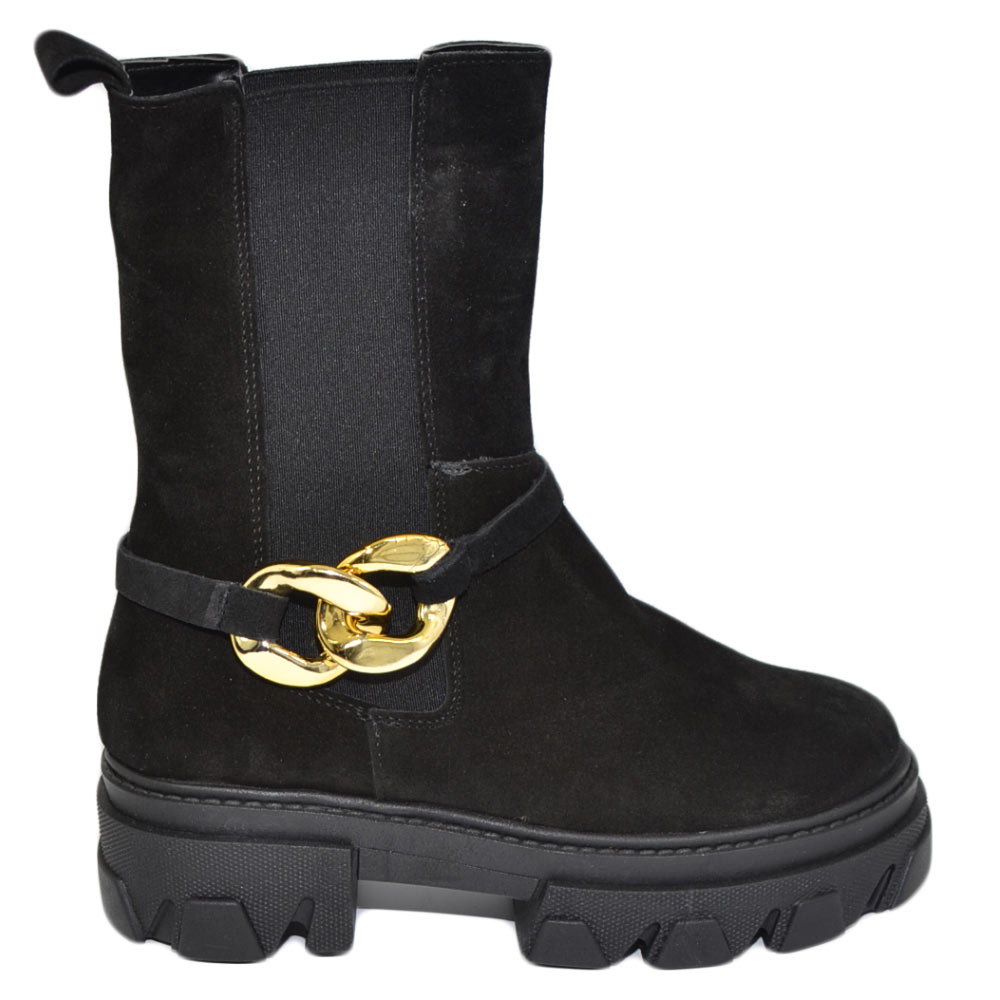 Stivaletti donna chelsea boots combat vera pelle camoscio nero fondo alto elastico catena removibile made in italy .