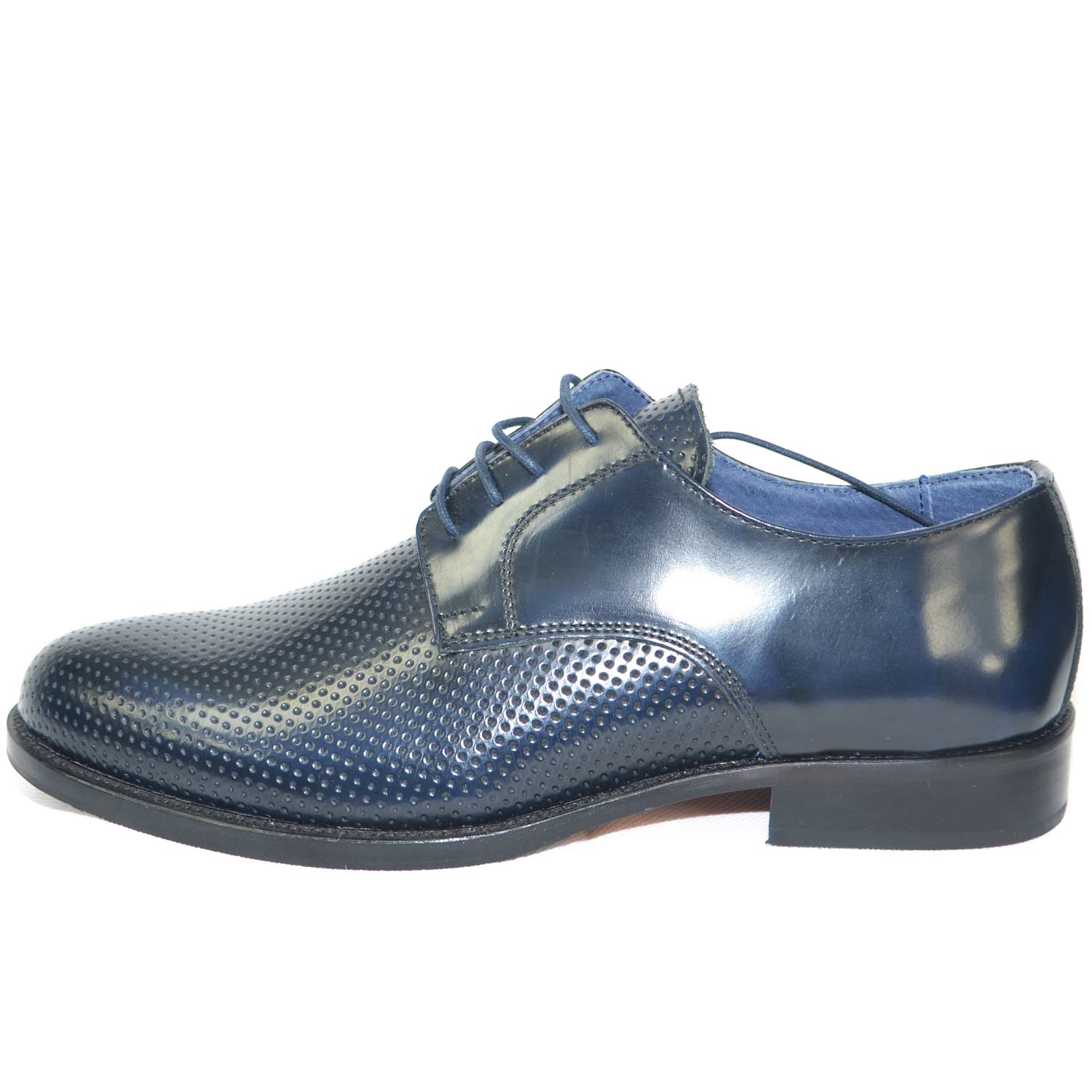 scarpe classiche cerimonia elegante uomo blu lucido abrasivato vera pelle made in italy microforata fondo cuoio