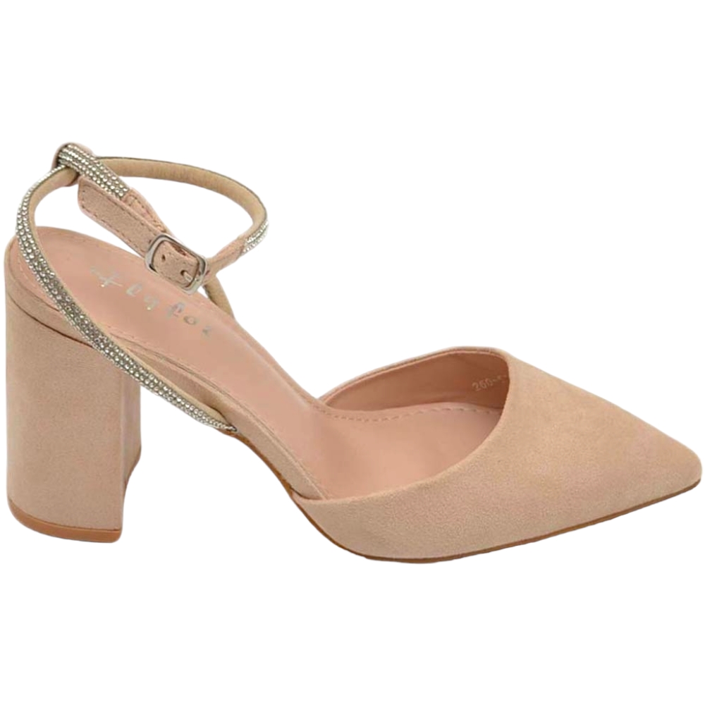 Scarpe decollete donna slingback in camoscio beige aperto sul tallone con cinturino di strass incrociato alla caviglia