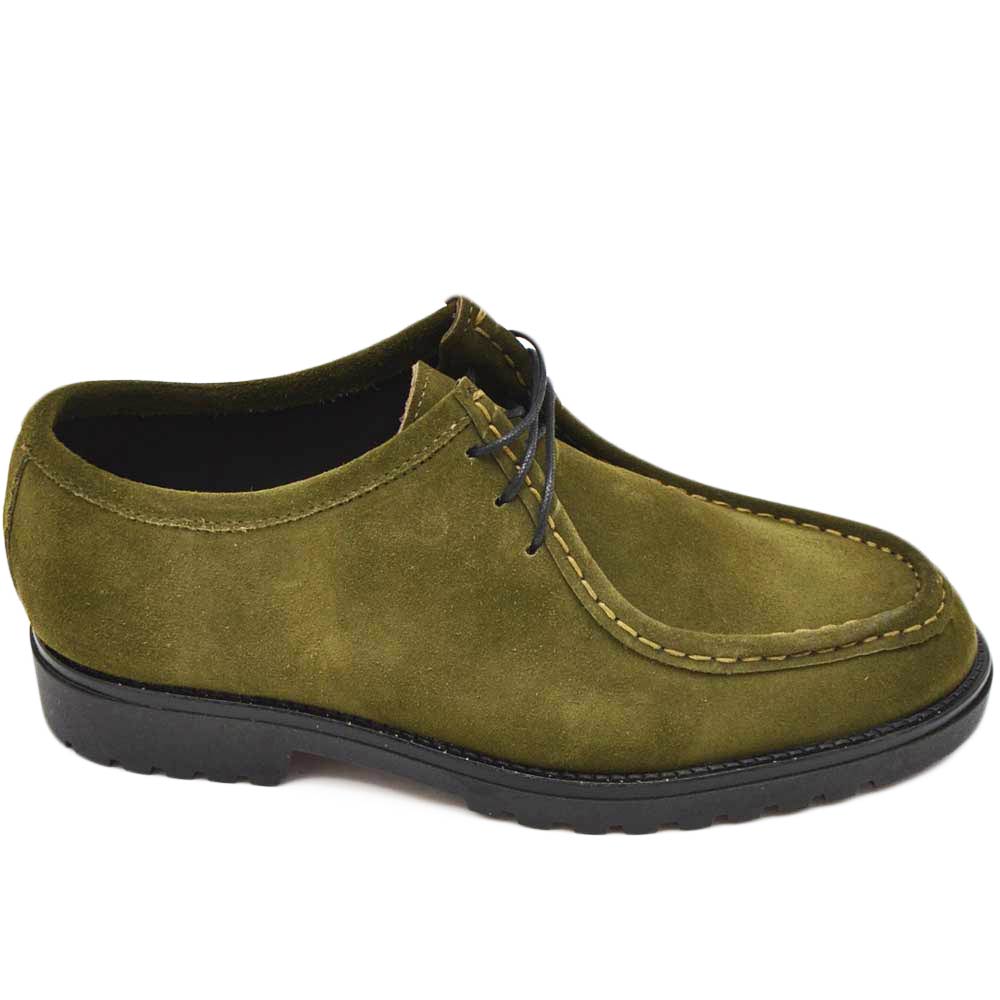 SCARPA UOMO MODELLO INGEGNERE IN VERA PELLE SCAMOSCIATA VERDE MILITARE CON GOMMA NERA ULTRALEGGERA E LACCI TONO SU TONO