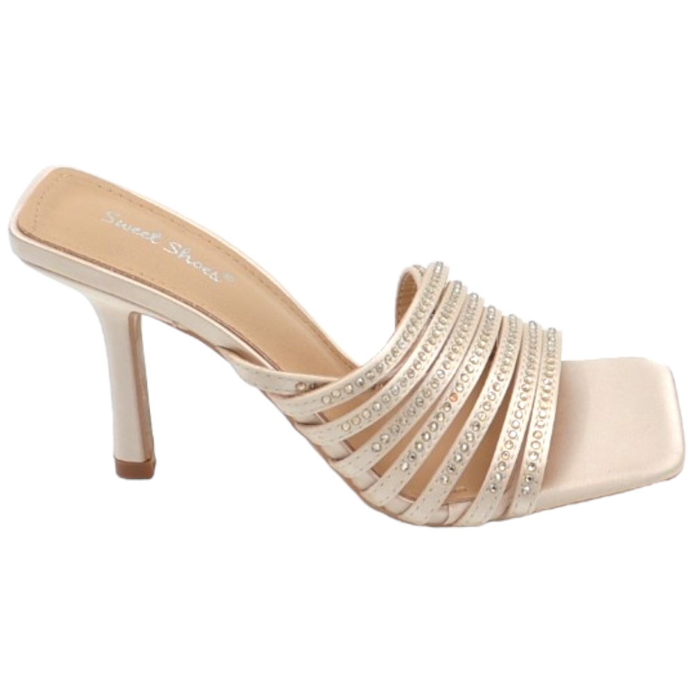 Sandalo gioiello donna oro tacco sottile 8cm in raso fasce sottili oblique con strass cerimonia evento open toe.