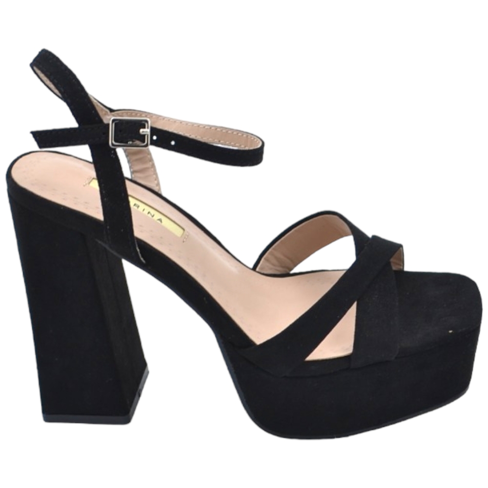 Scarpe sandalo donna camoscio nero platform punta quadrata tacco largo 12 cm con plateau 4 cm cinturino alla caviglia 