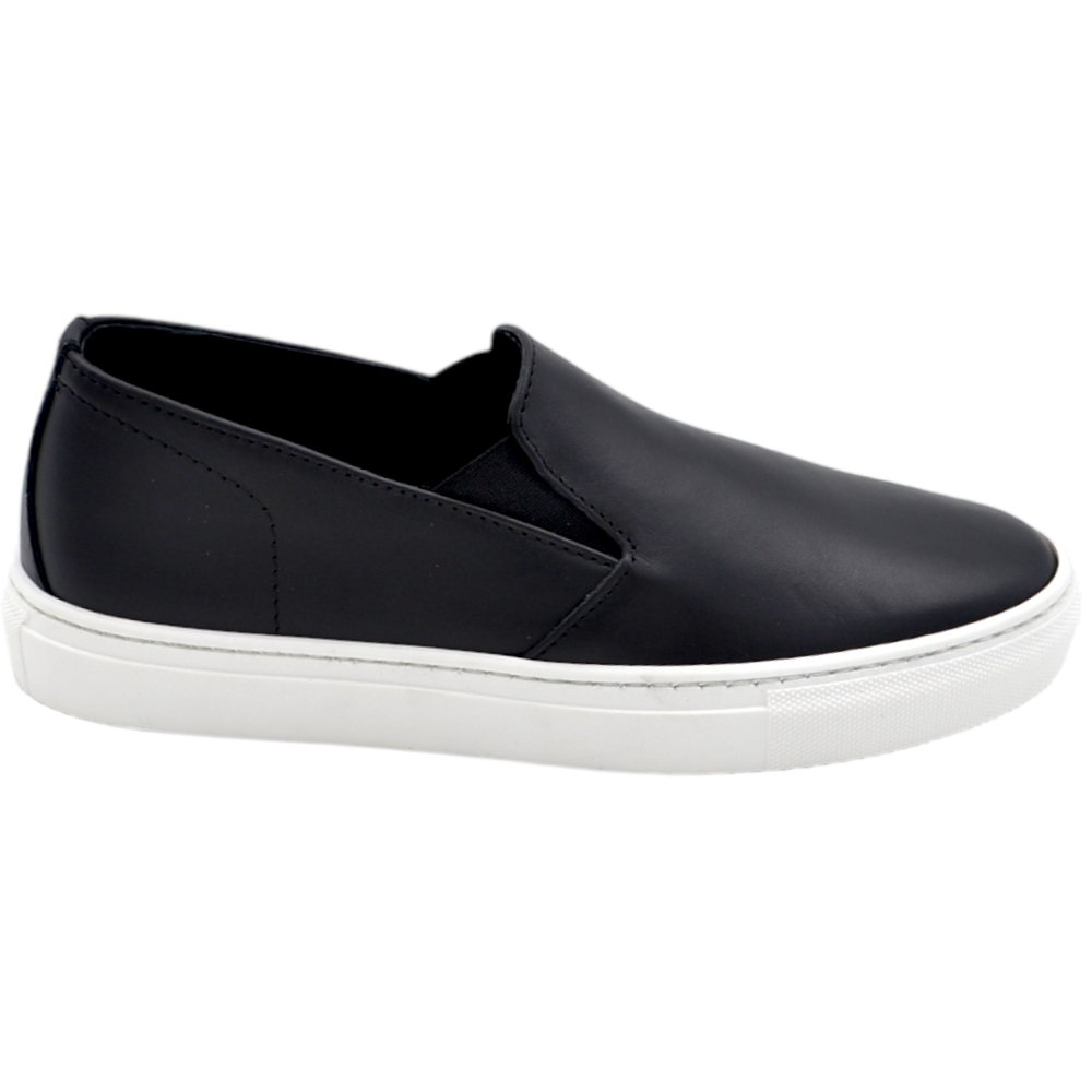 Scarpe mocassino uomo slip on in vera pelle nera bianca con suola in gomma tono su tono 3 cm elastico laterale.