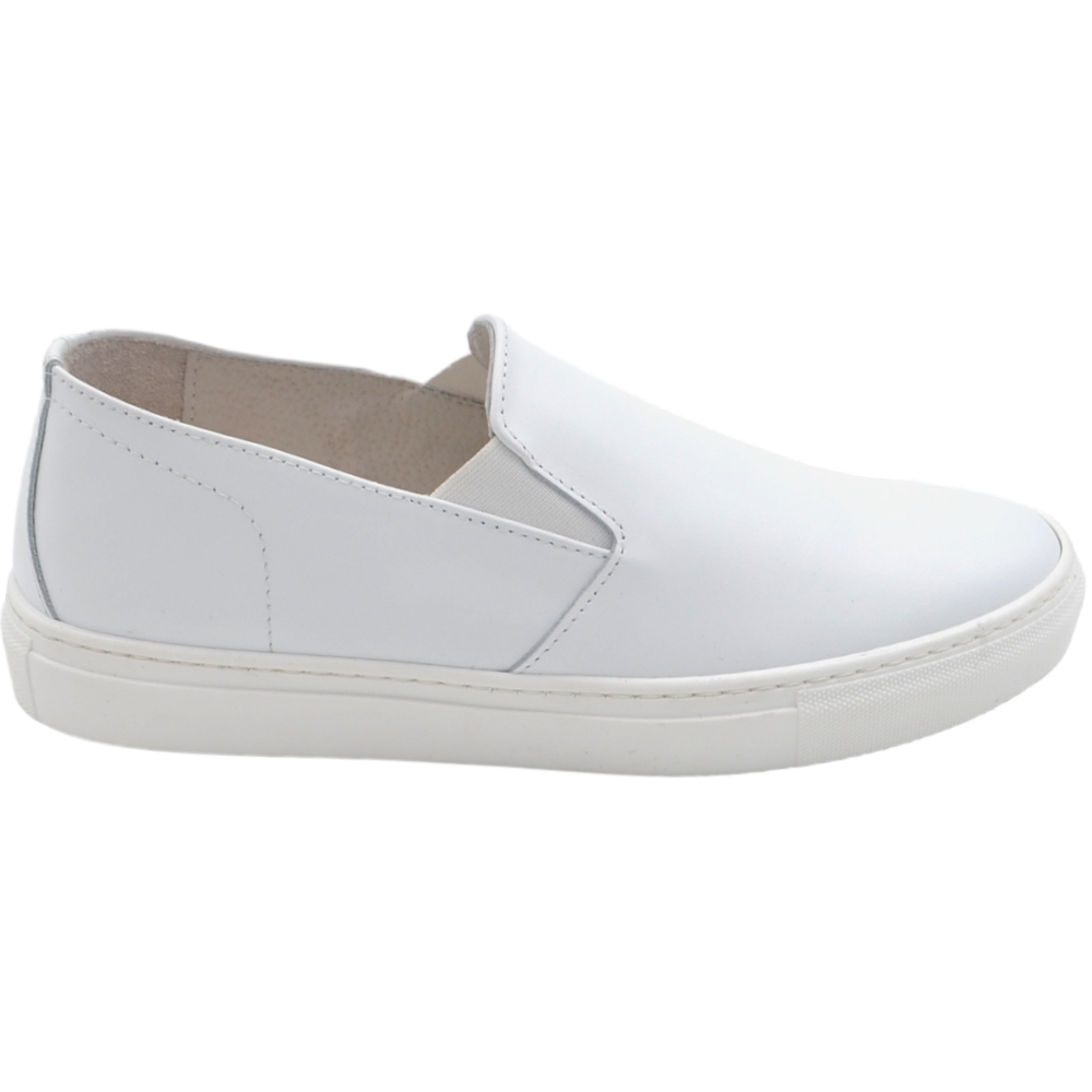 Scarpe mocassino uomo slip on in vera pelle liscia bianca con suola in gomma tono su tono  3 cm elastico laterale