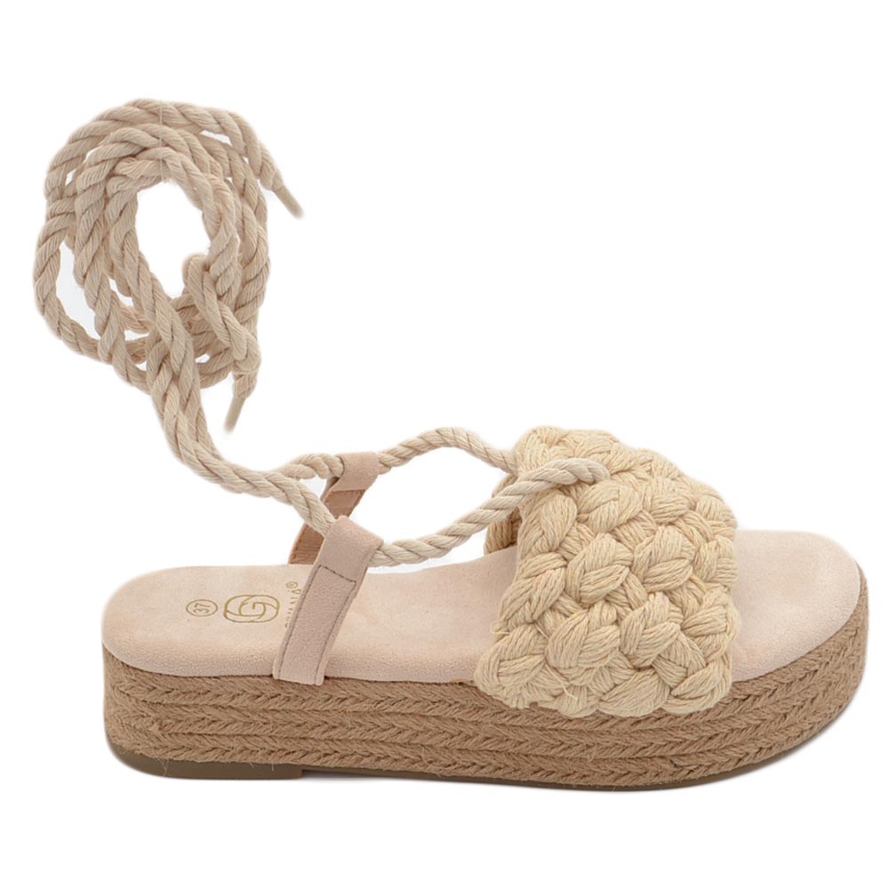 Sandali zeppa donna beige chiaro corda di canapa suola in cordone e gomma moda mykonos alla schiava gladiatore