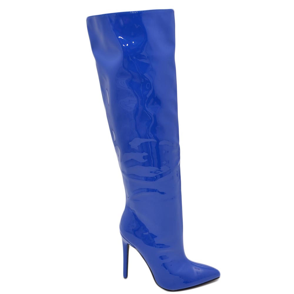 Stivale alto donna blu in ecopelle lucida effetto calzino con tacco a spillo sottile 12cm aderente con zip e punta moda.