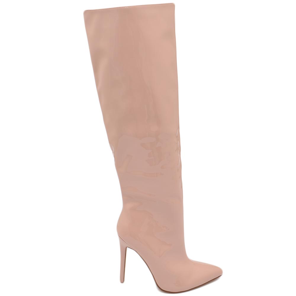 Stivale alto donna beige nude ecopelle lucida effetto calzino con tacco a spillo sottile 12cm aderente zip e punta moda