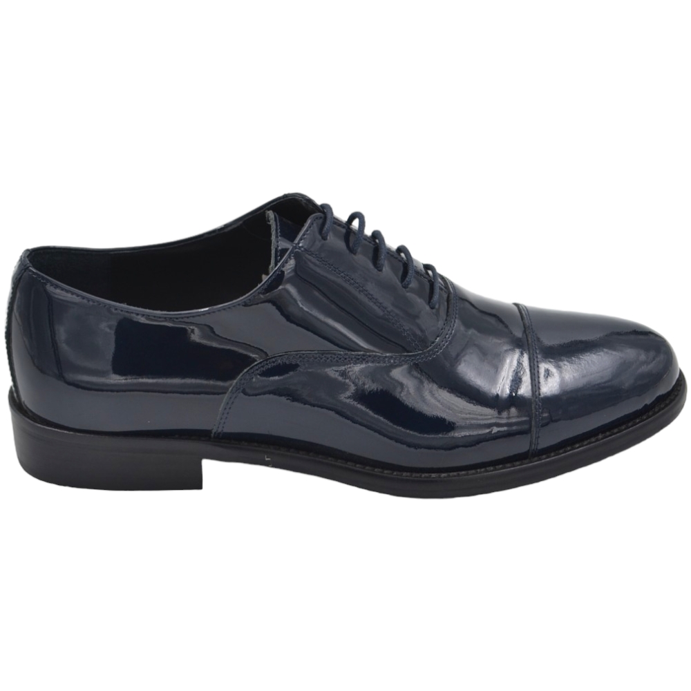 Scarpe uomo stringate classiche con mezza punta in vernice blu made in italy fondo vero cuoio man business eleganti