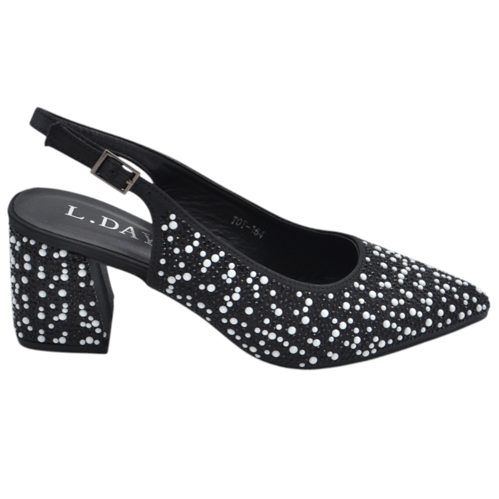 Scarpe donna decollete slingback nero con microperle e brillantini cinturino regolabile alla caviglia tacco doppio 6cm .