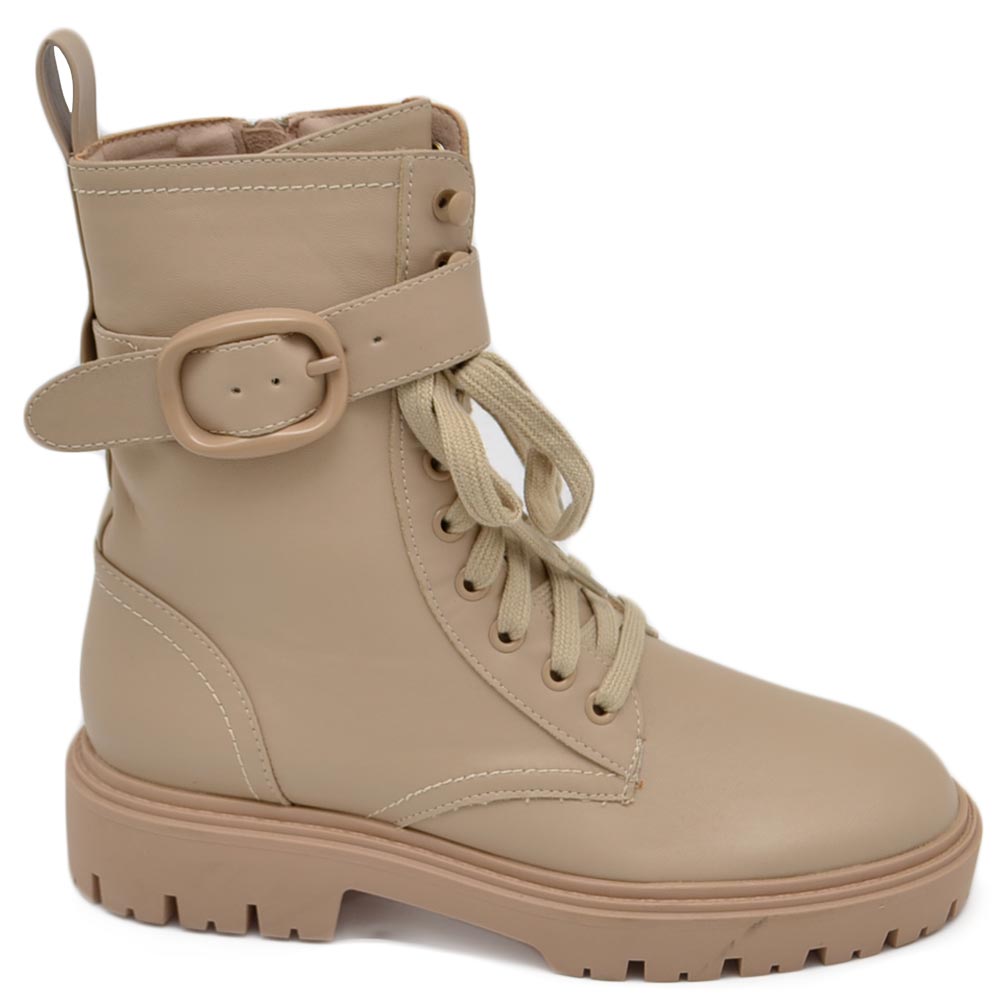 Stivaletto anfibio scarpa donna beige fibbie oro e lacci fondo alto in gomma zigrinata con zip moda linea glamour