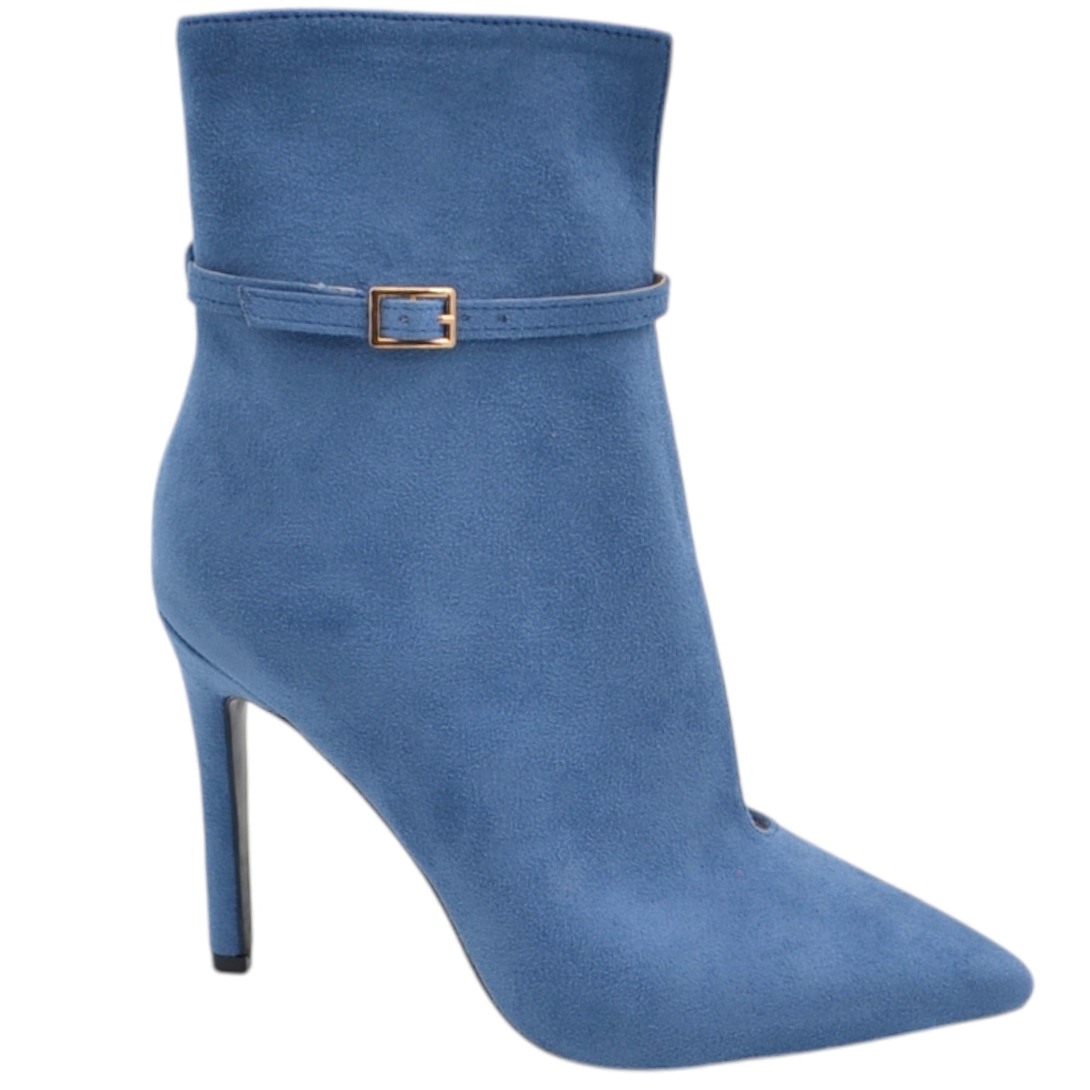 Stivaletto donna tronchetto open cut in camoscio blu avion a punta con tacco a spillo 12 cm e cinturino alla caviglia