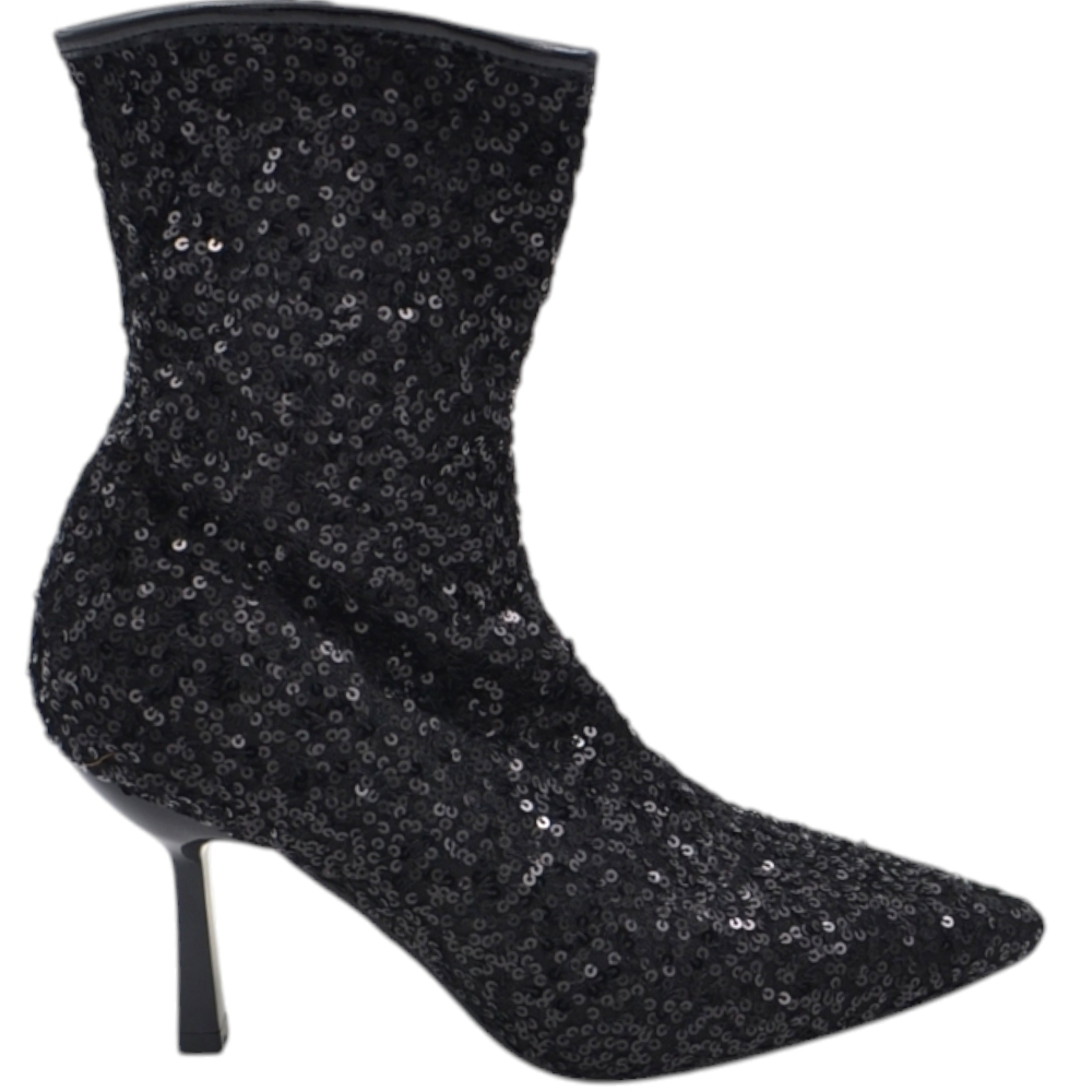 Tronchetto stivaletto donna effetto calzino con tacco a spillo basso 7 cm con paillettes nero zip interna