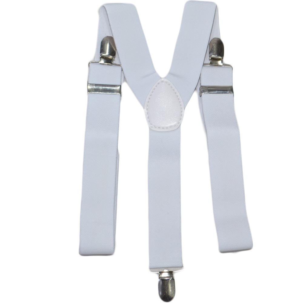 Bretelle da uomo regolabili bianche elastiche con clip in metallo forma a uncino extra forte moda.