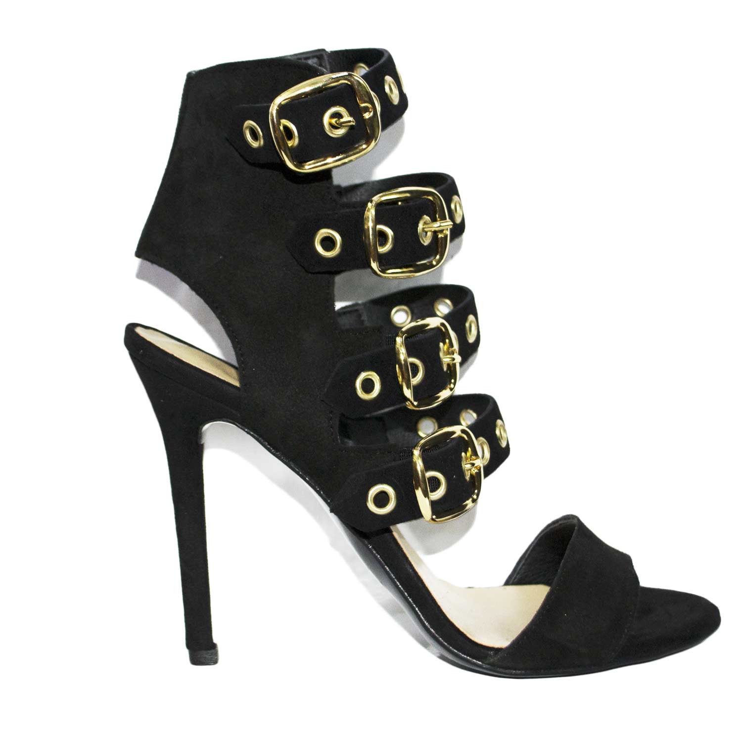 sandali tacco donna nero art.st9093 made in italy accessori fibbia oro camoscio moda comfort fondo antiscivolo .