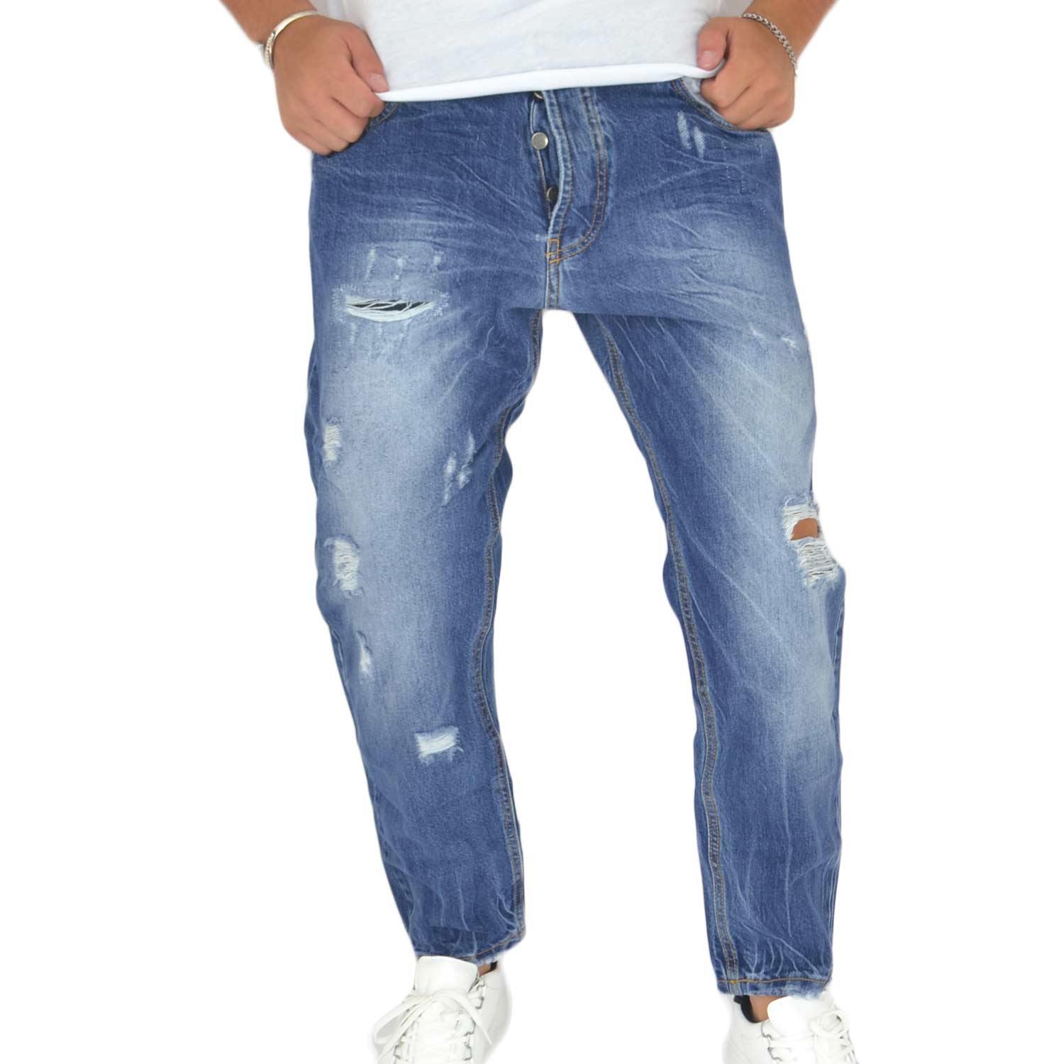 Pantaloni Jeans scuro denim biker. Skinny fit.Chiusura con bottone e cerniera. strappo moda ginocchio glamour