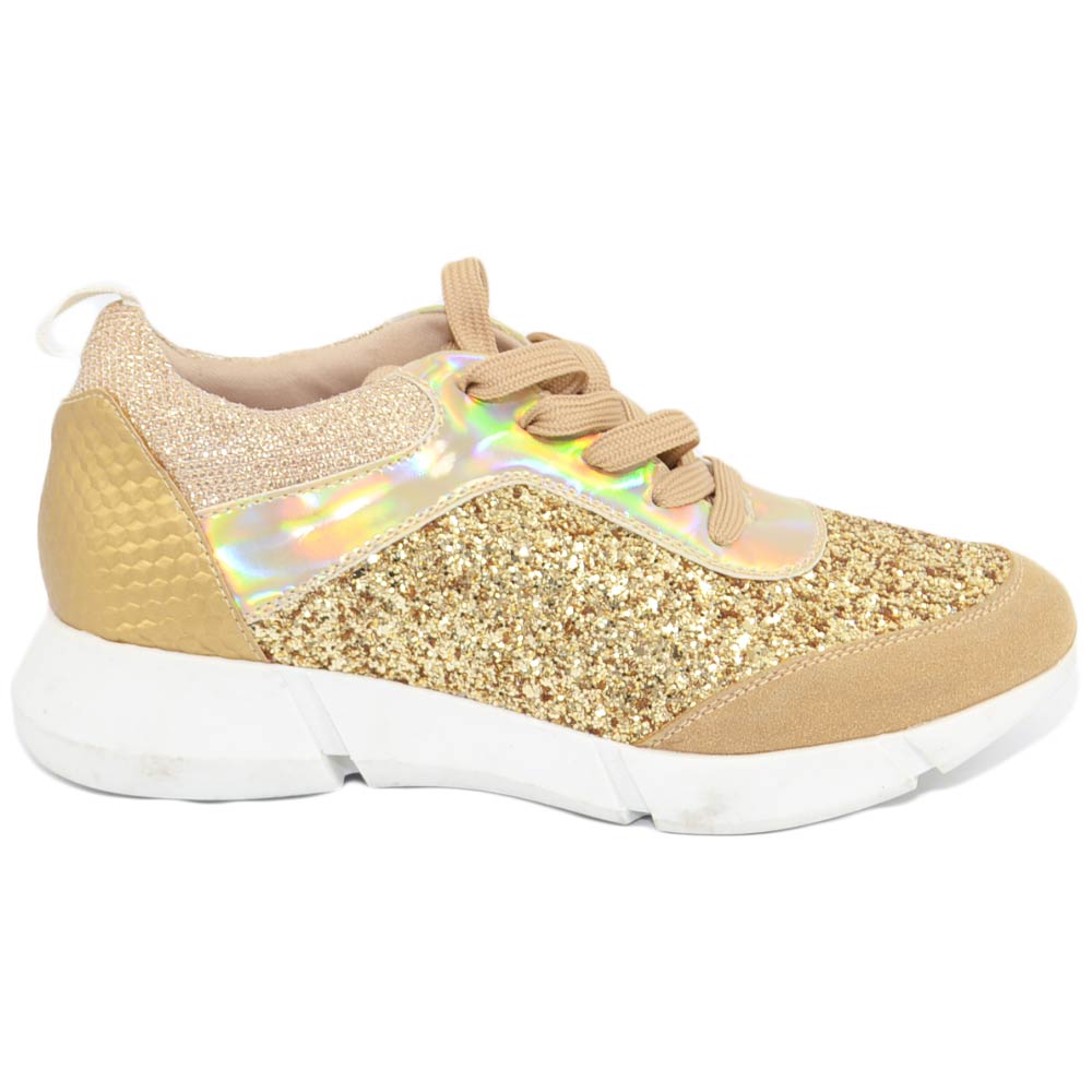 Sneakers bassa donna glitterato oro effetto sirena con fondo bianco fortino in tinta rigato moda comfort antistrecth