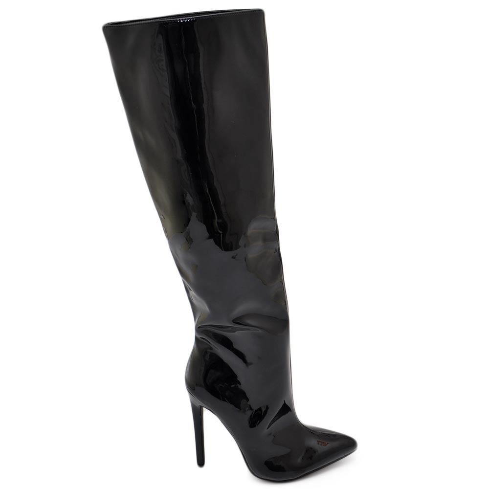Stivale alto donna nero a punta  lucido vernice effetto calzino con tacco a spillo sottile 12 cm aderente zip moda.