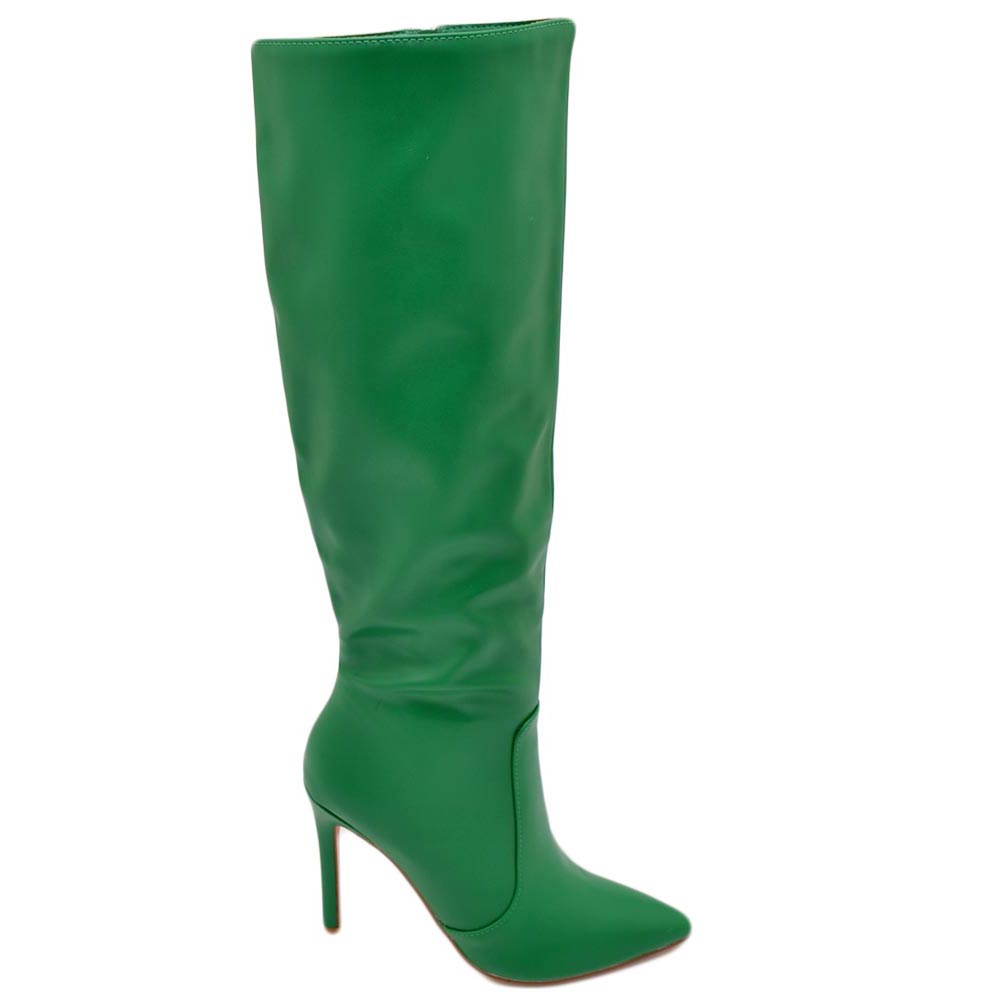 Stivali alti donna al ginocchio in pelle verde bosco a punta tacco a spillo 12 cm zip lunga aderente moda linea Basic.