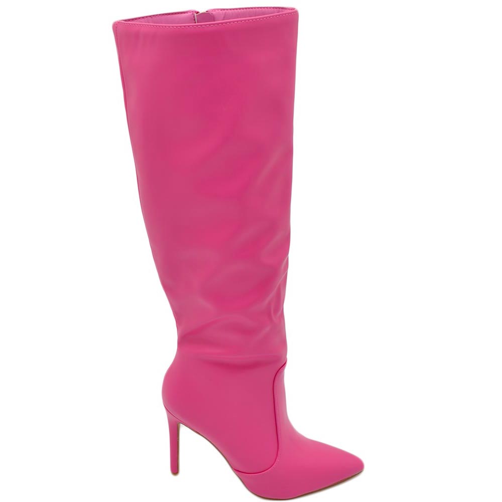 Stivali alti donna al ginocchio in pelle rosa fucsia a punta tacco a spillo 12 cm zip lunga aderente moda linea Basic