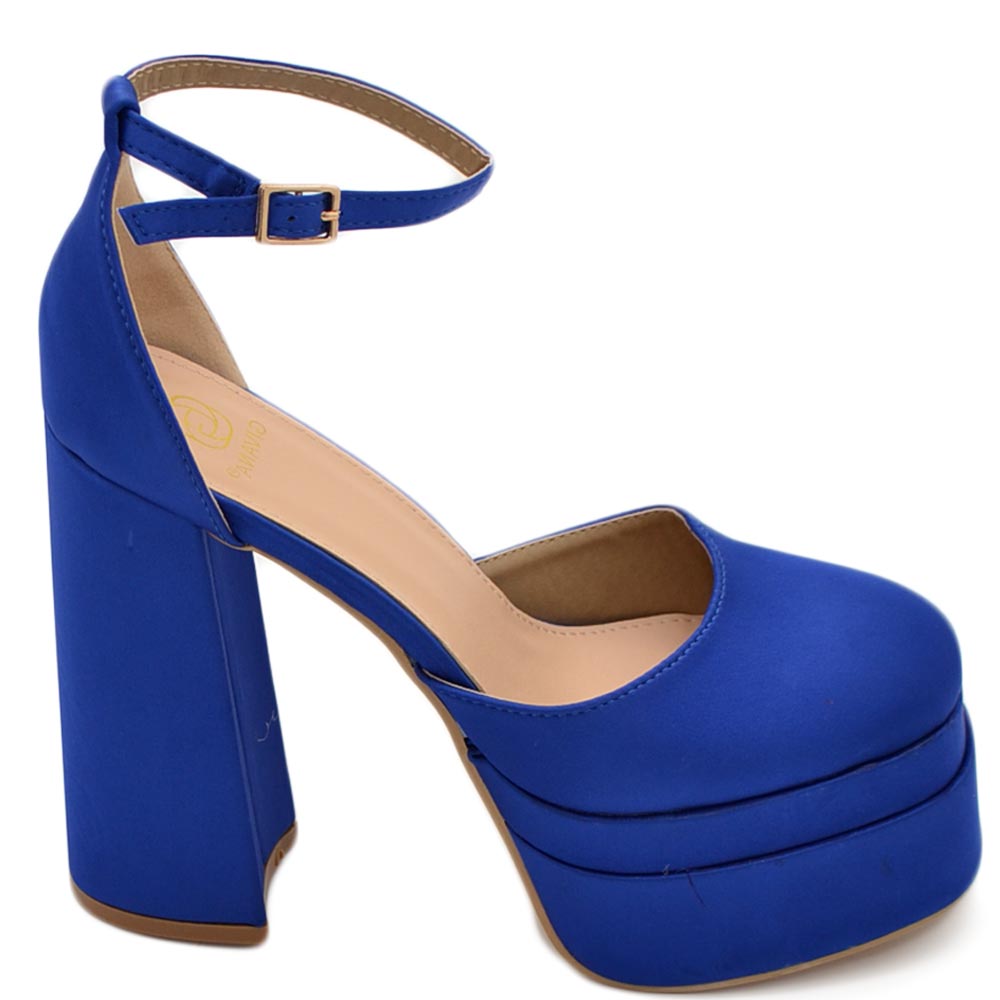 Scarpe donna platform Mary Jane blu royal cinturino alla caviglia tacco 15 cm con zeppa 6 cm chiuse in punta moda