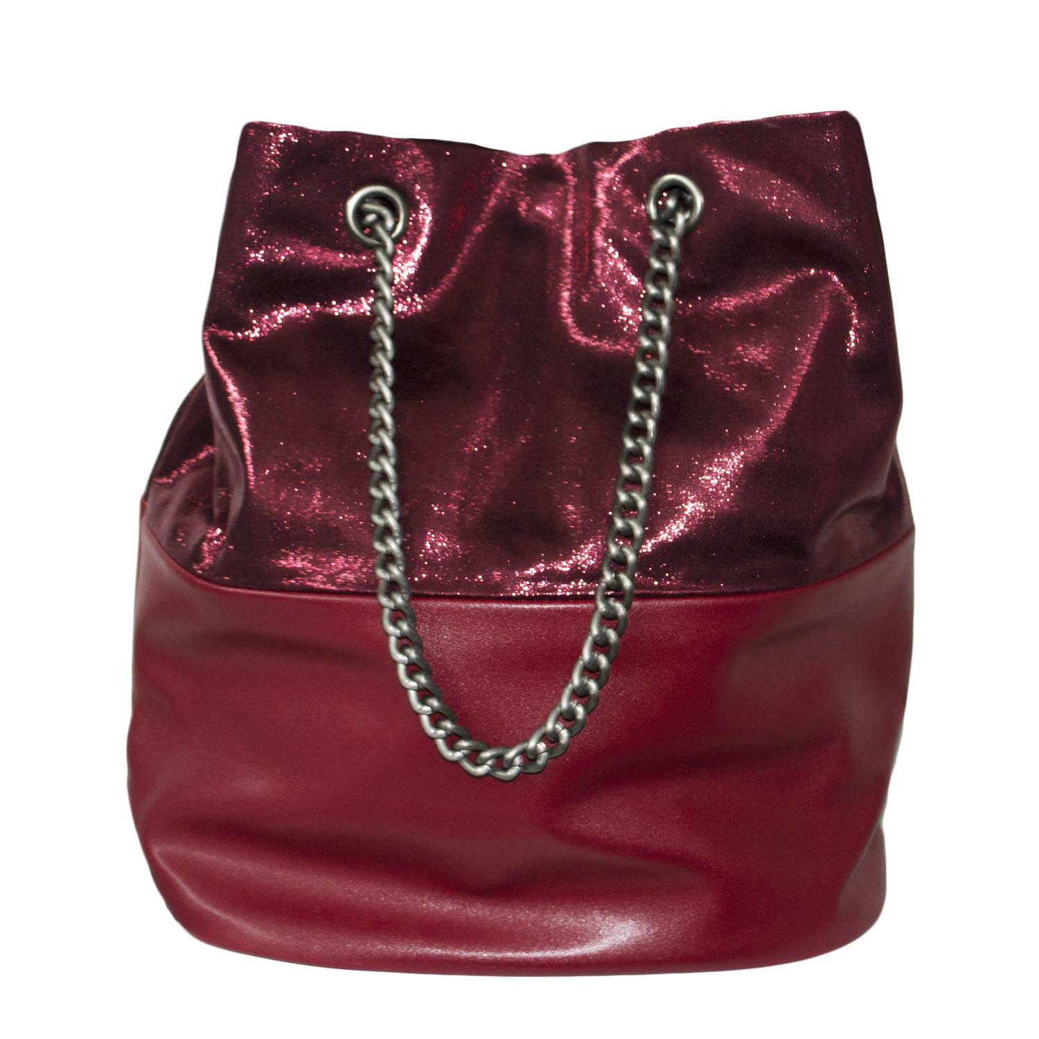 Borsa donna art 404 shopping versione sacco laminato rosso catena  allugabile moda trend donna small bags made in italy