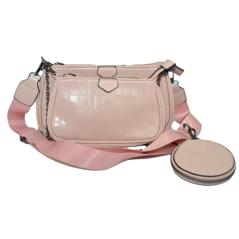 Multi pochette accessoriata a tre elementi rosa cipria cocco tracolla jaquard regolabile portamonete catena moda donna.