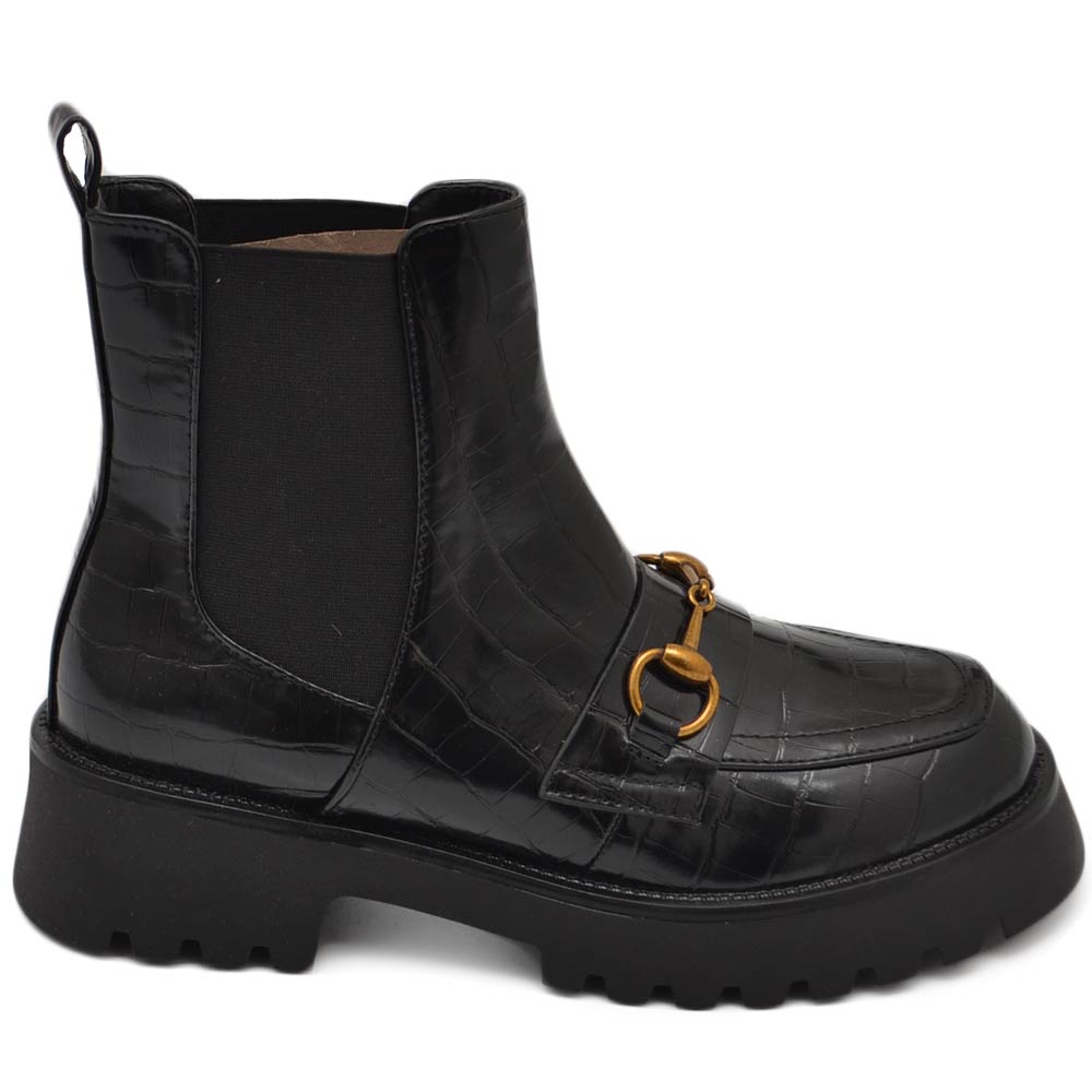 Stivaletti donna chelsea boots combat in ecopelle stampa cocco nero fondo alto elastico morsetto oro made in italy