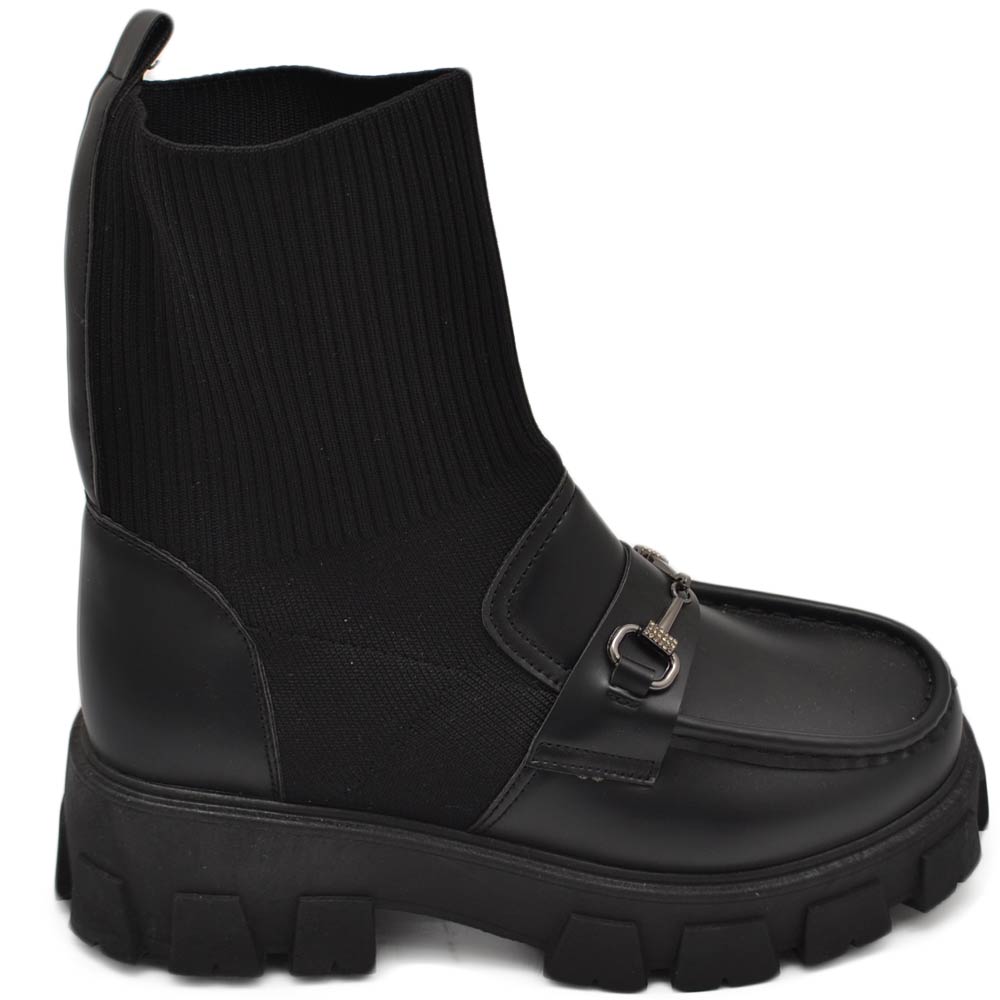 Stivaletti donna chelsea boots combat effetto calzino e pelle nero fondo alto elastico morsetto argento made in italy.