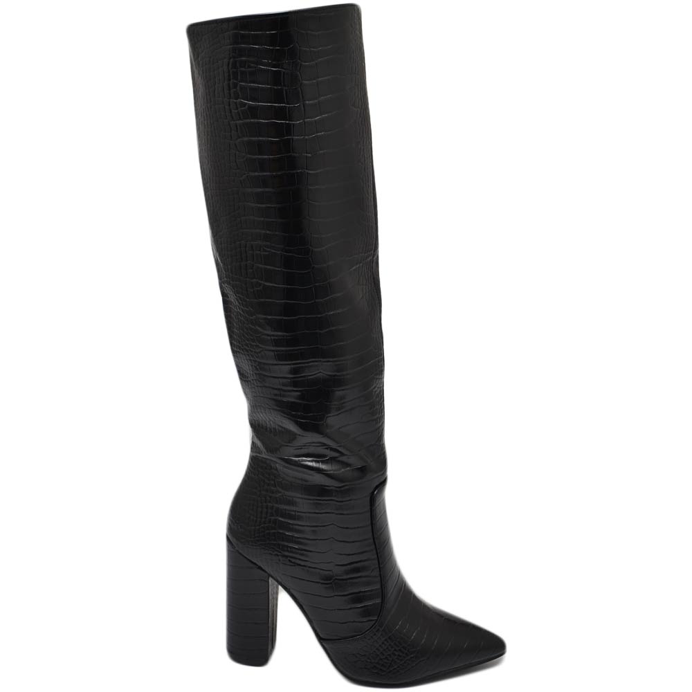 Stivali donna nero a punta tacco doppio 10 cm lucido altezza ginocchio rigido stampa coccodrillo con zip moda.
