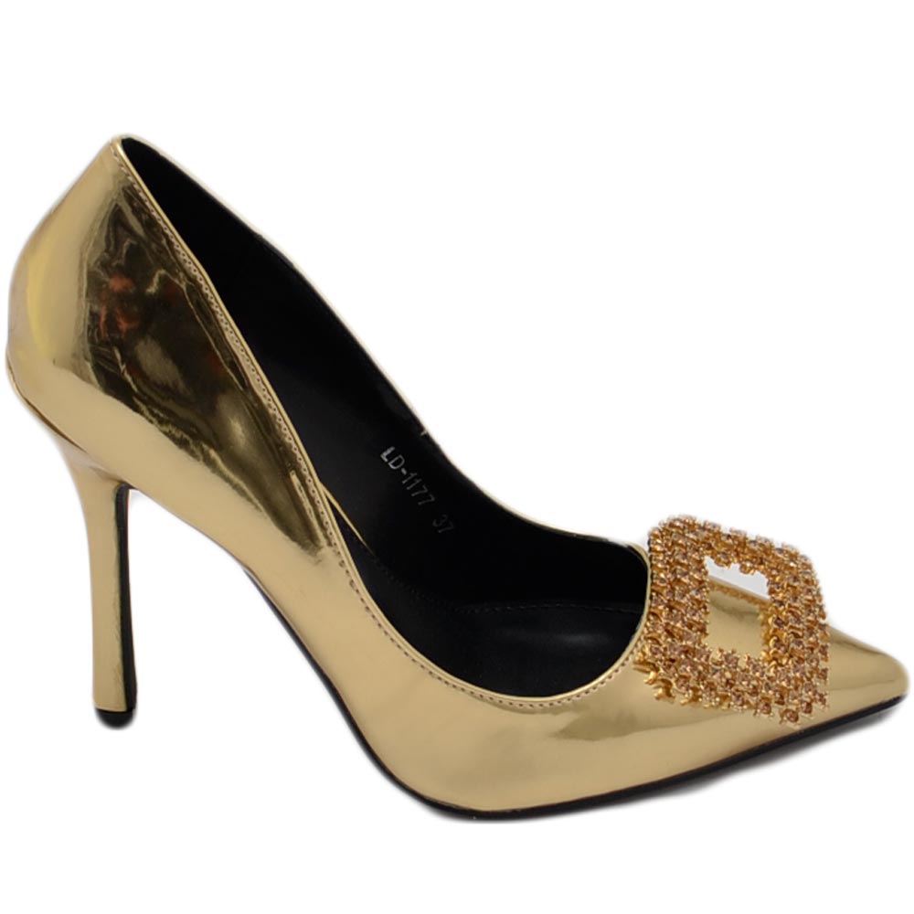 Decollete' donna lucido specchio oro con gioiello spilla quadrato oro in punta tacco 12 cm spillo.