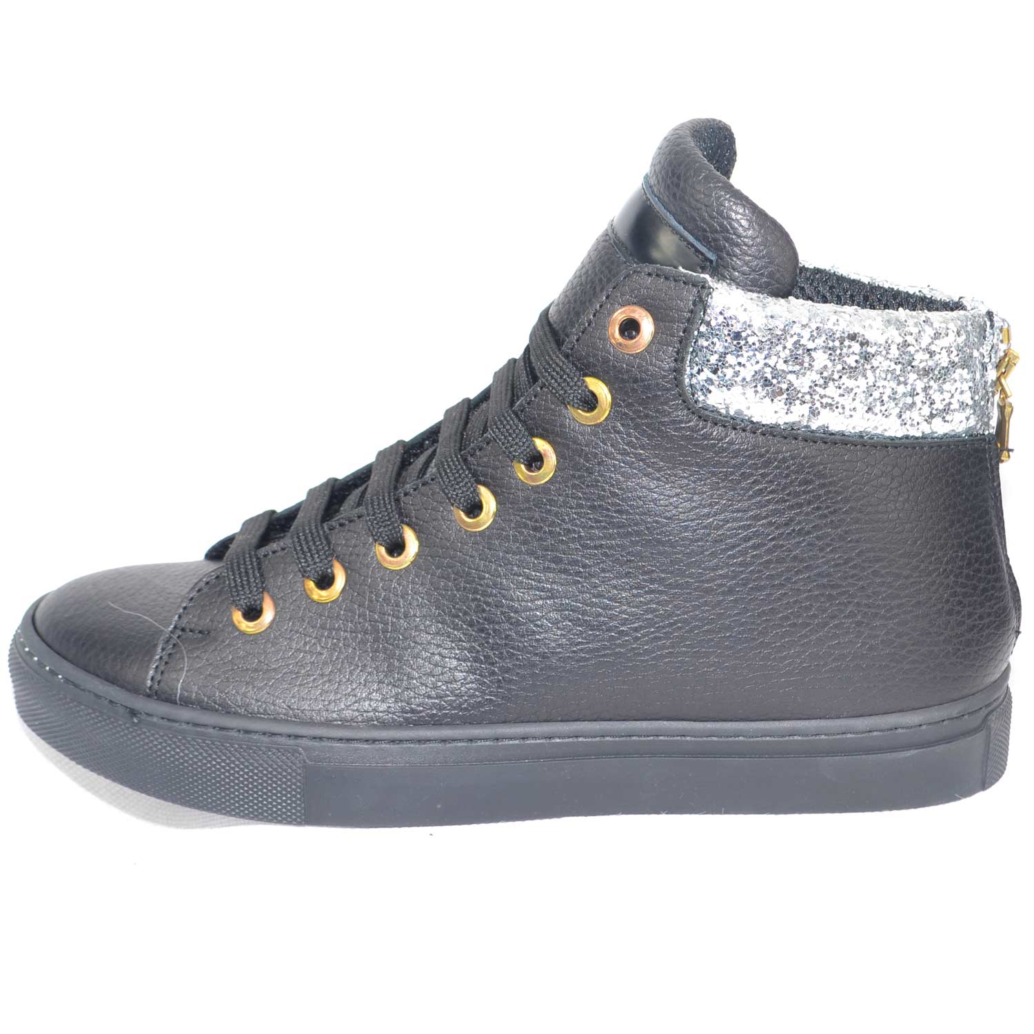 Sneakers altascarpe donna in vera pelle bortolata nera con inserto glitter argento e zip dorata.