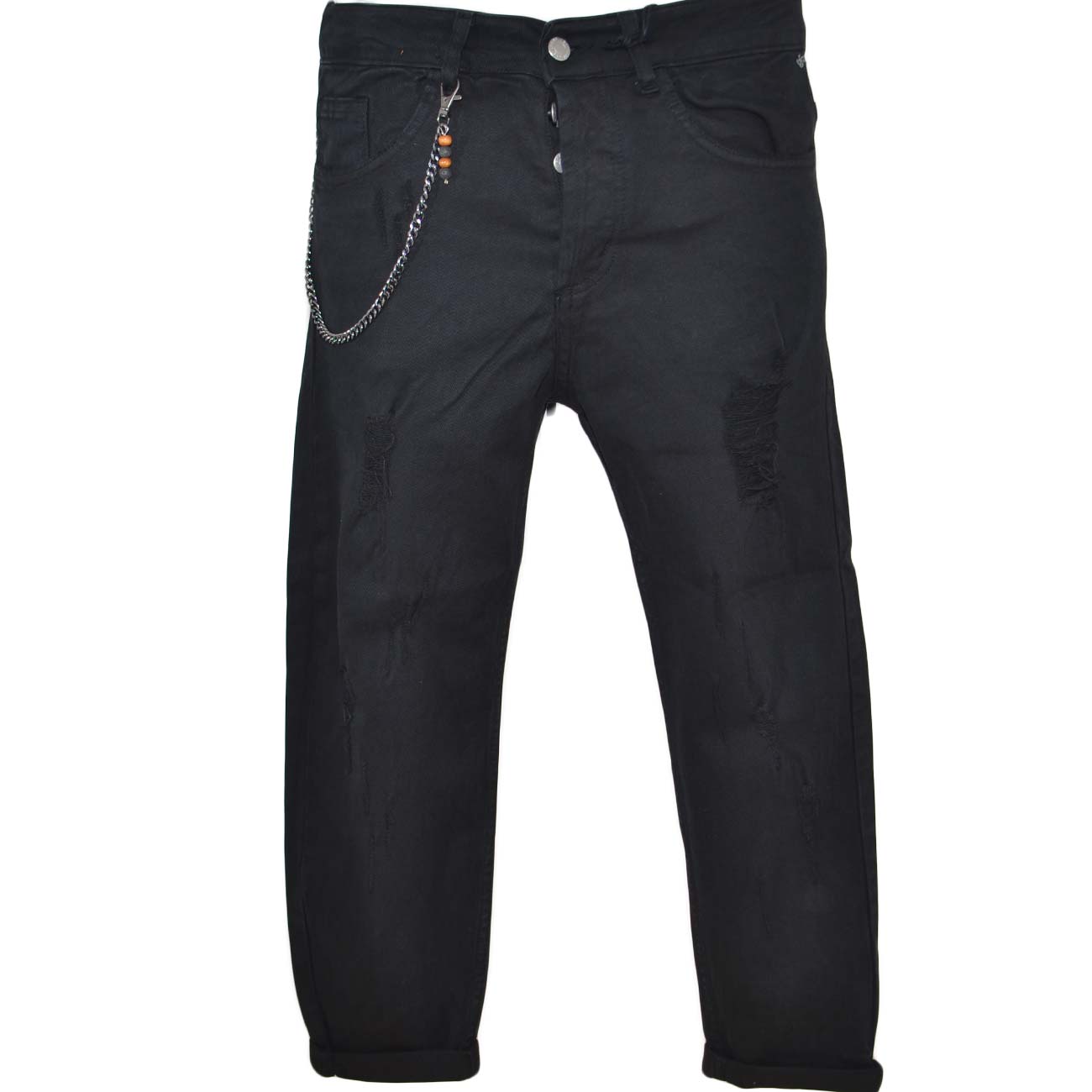 Pantaloni Jeans nero denim biker. Skinny fit.Chiusura con bottone e cerniera. strappi e tasche dettaglio catena 