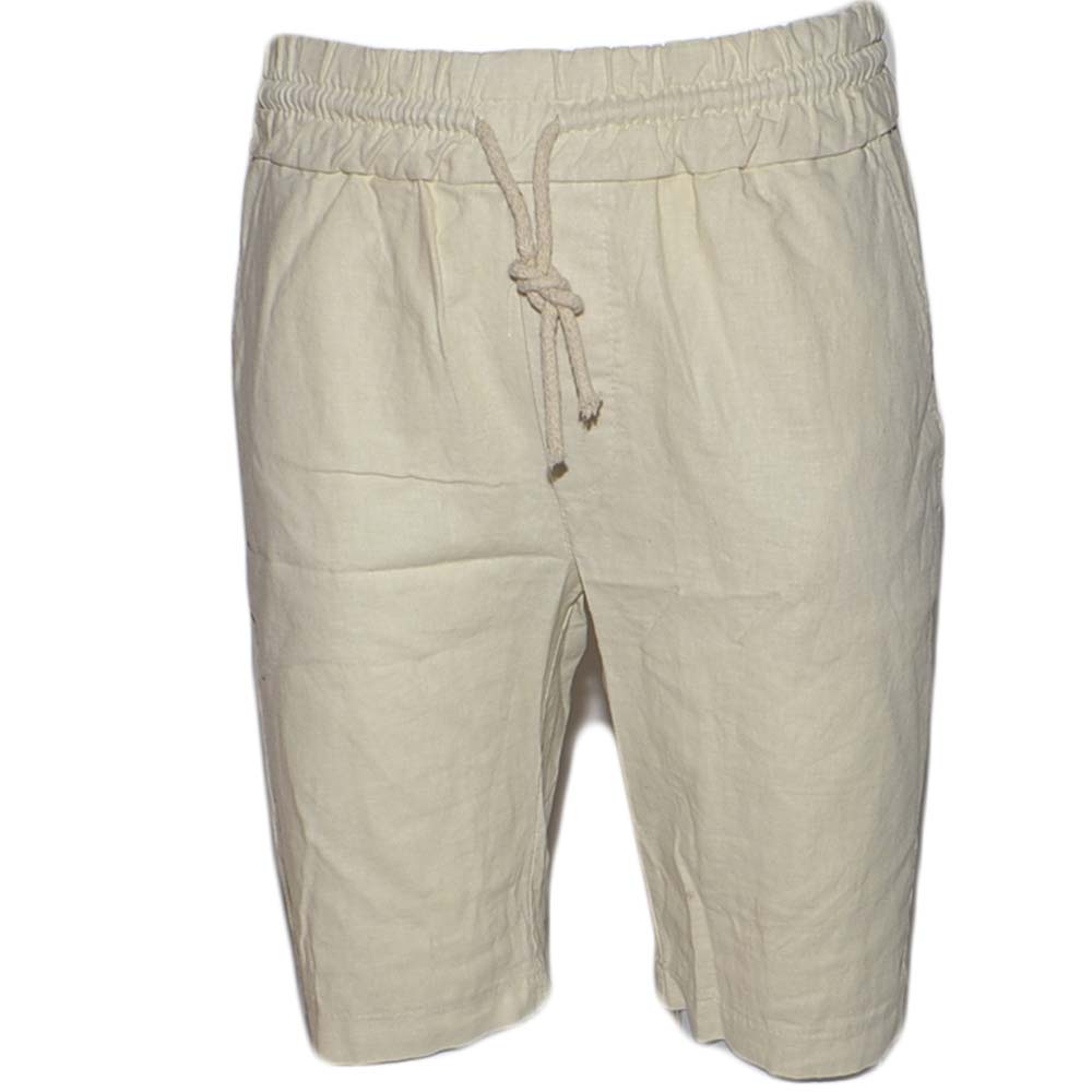 Pantaloni corti shorts pantaloncini uomo di puro lino beige con elastico e coulisse bermuda tinta unita fresco.