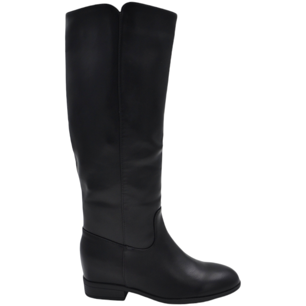 Stivali donna linea basic in pelle nero punta tonda zeppa interna 4 cm con zip liscio comodo suola in gomma.