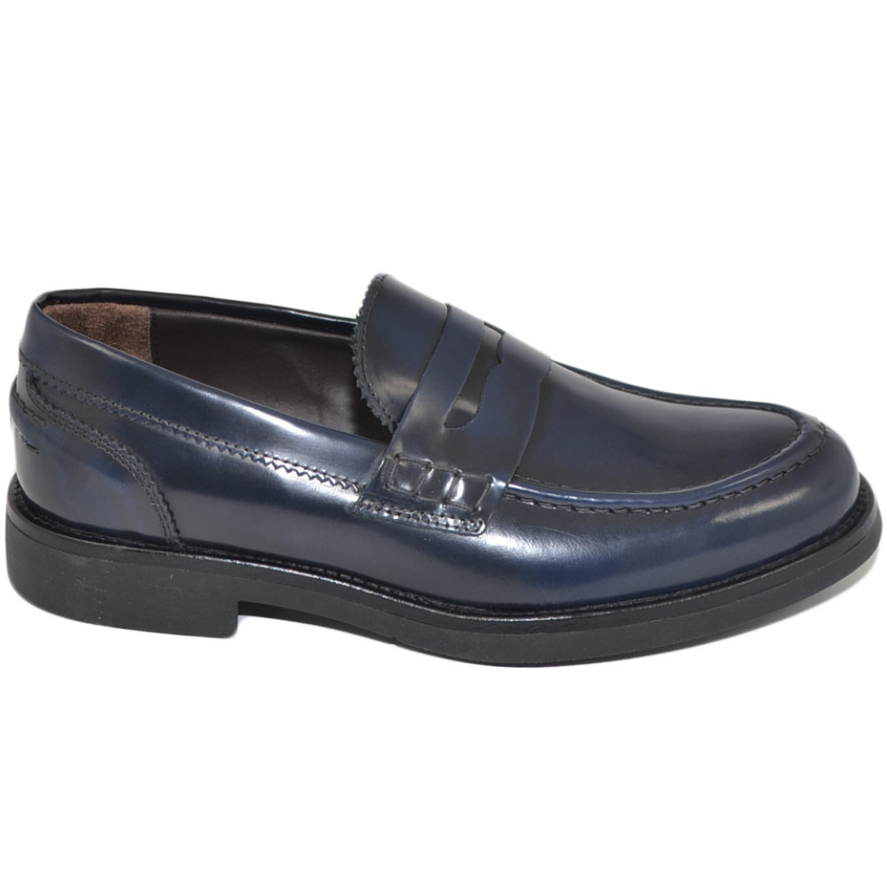 Scarpe uomo mocassini inglese college vera pelle blu con bendina made in italy fondo classico sportivo genuine leather