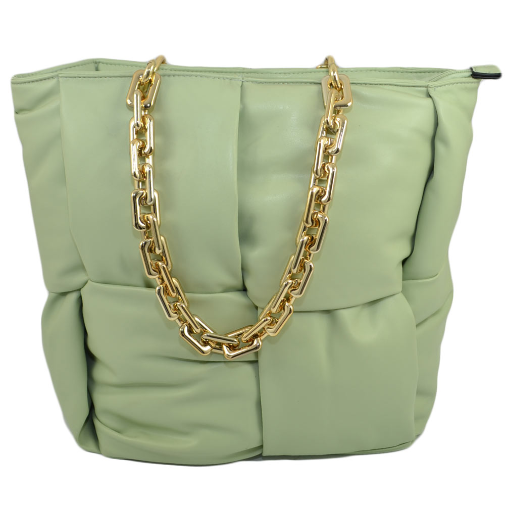 BORSA DONNA GRANDE VERDE SALVIA PILLOW-BAG CON CATENA ORO CHIUSURA CON ZIP CAPIENTE MORBIDA COMODA