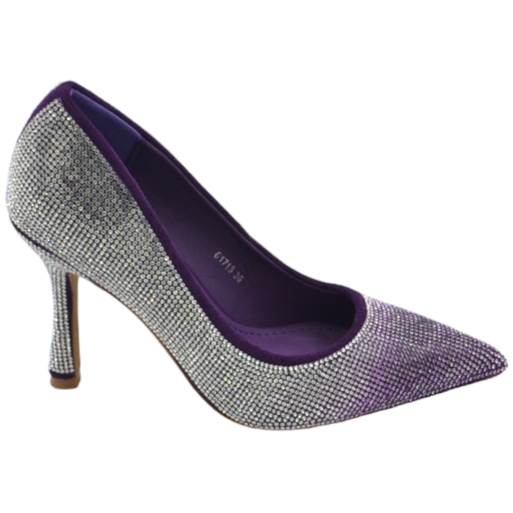 Scarpe decollete donna eleganti viola con brillantini degrade argento tacco martini 10 cm .