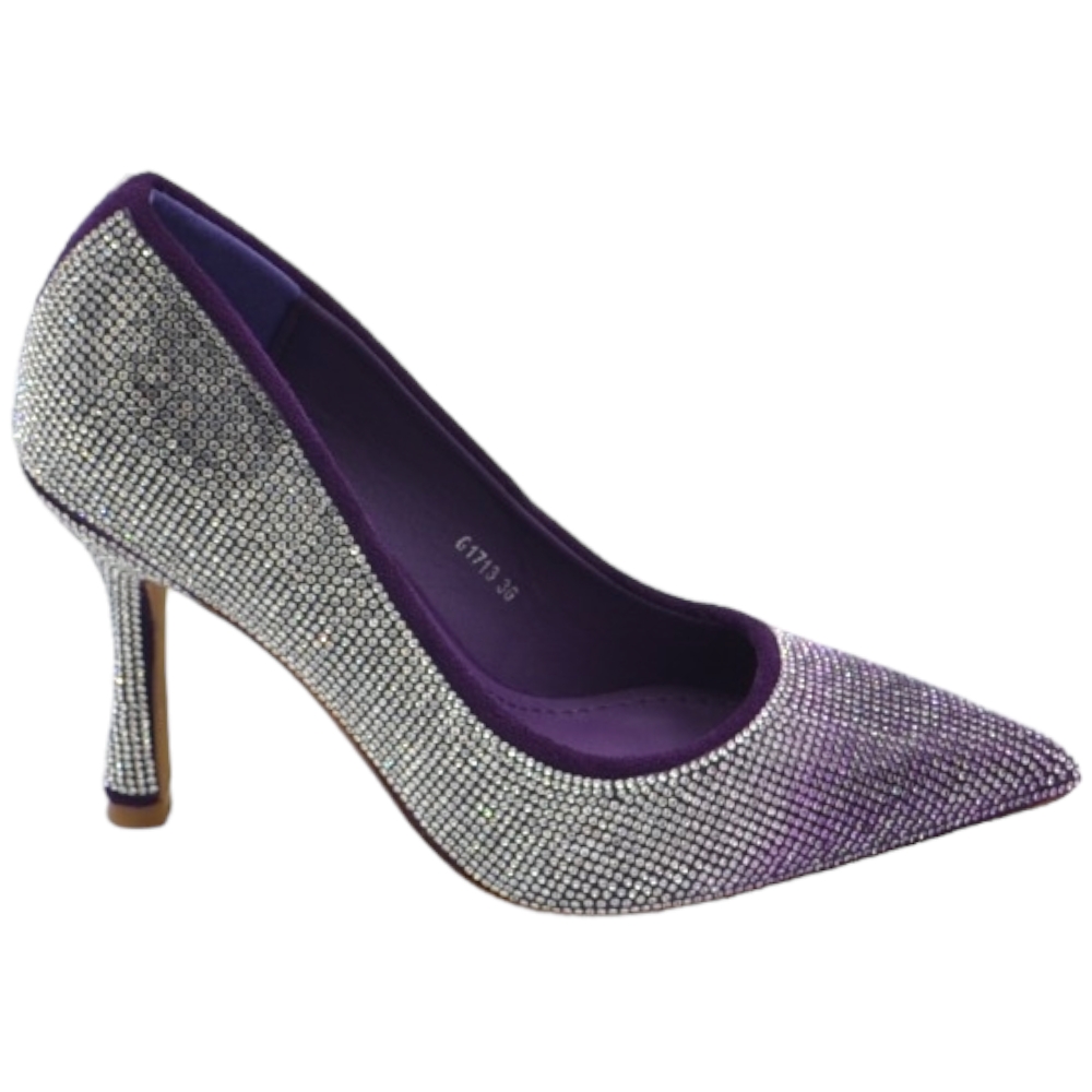 Scarpe decollete donna eleganti viola con brillantini degrade argento tacco martini 10 cm 