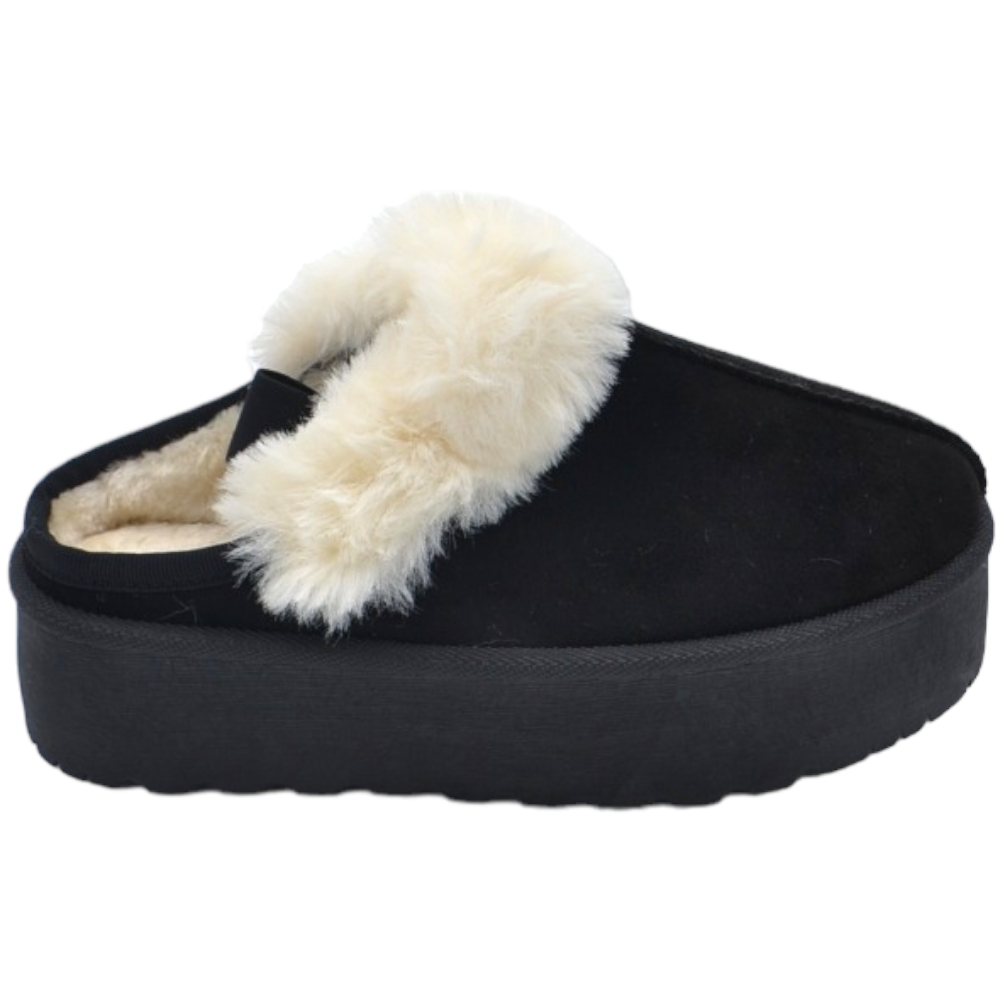 Ciabatta pantofola donna platform nera con interno di pelliccia bianco elastico slingback comoda fondo alto 4,5 cm .