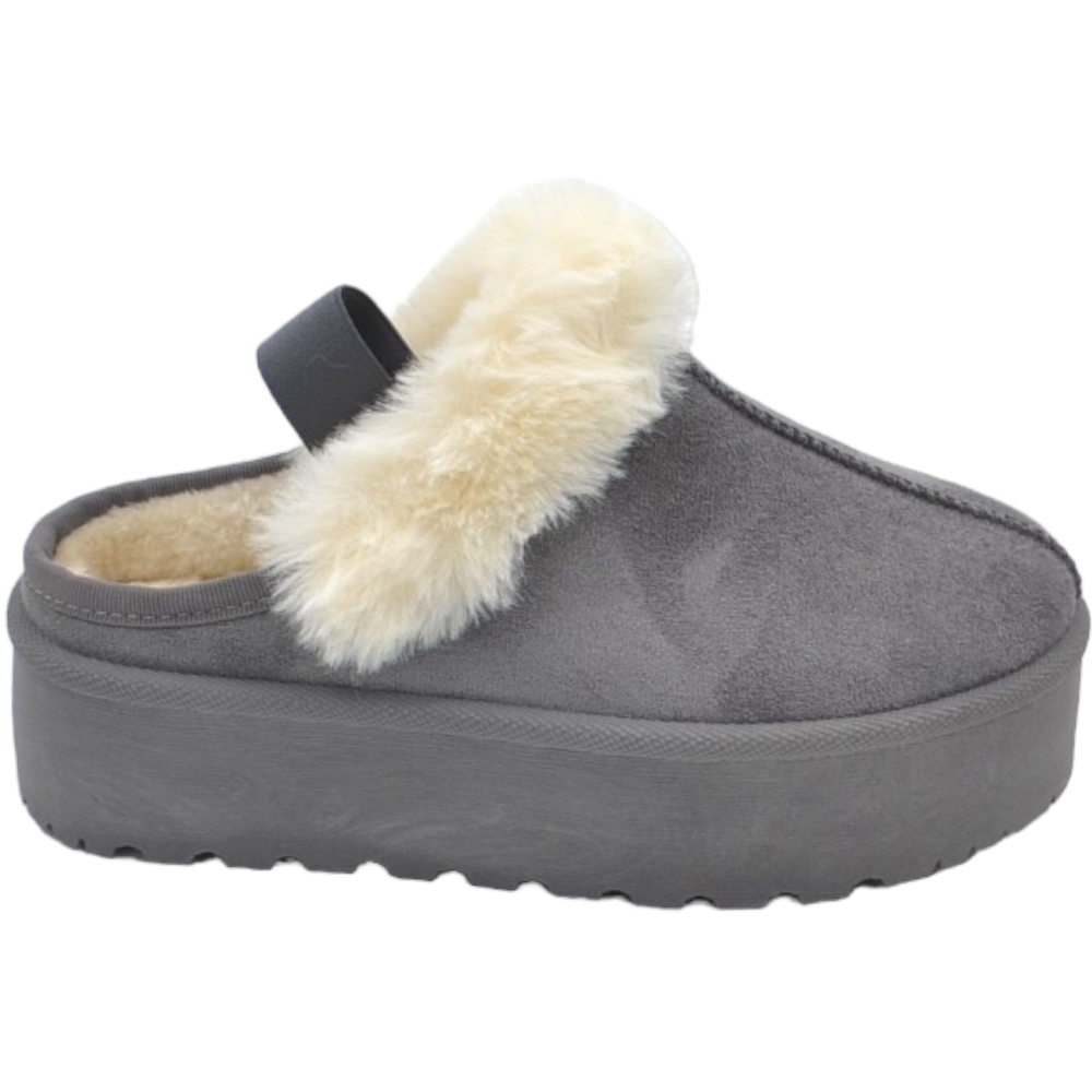 Ciabatta pantofola donna platform grigio interno di pelliccia bianco con elastico posteriore comoda fondo alto 4,5cm 