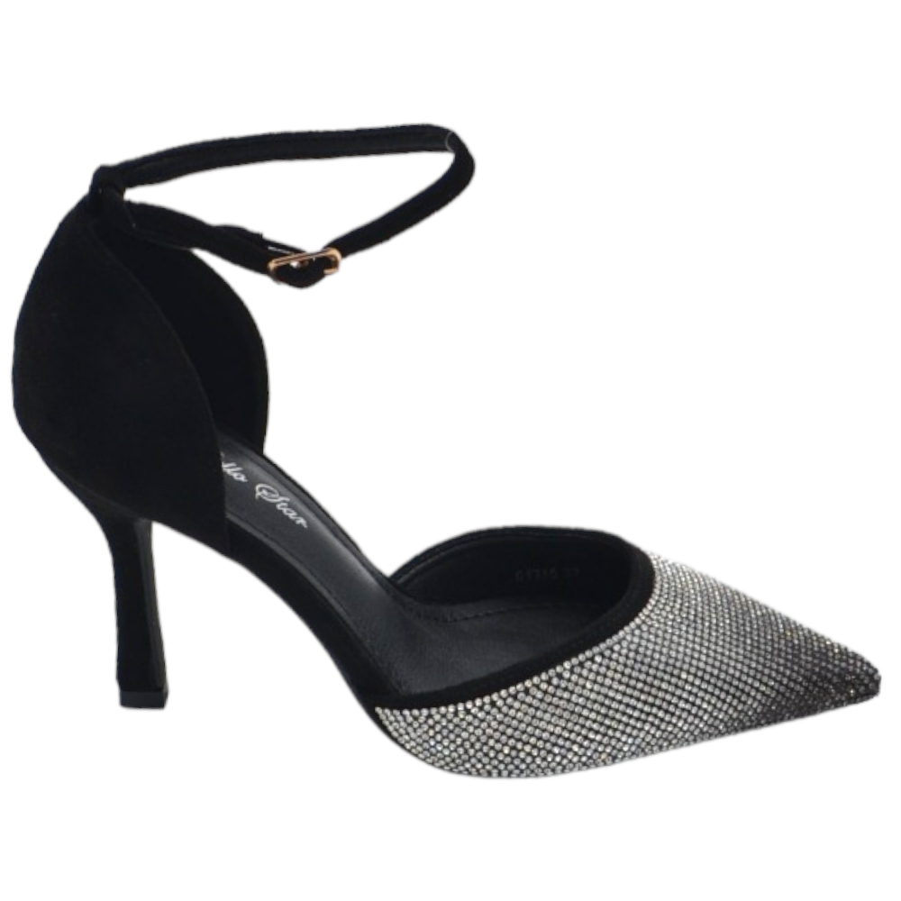 Scarpe decollete donna elegante punta glitter degrade' nero argento tacco 10 cm cinturino alla caviglia maryjane.