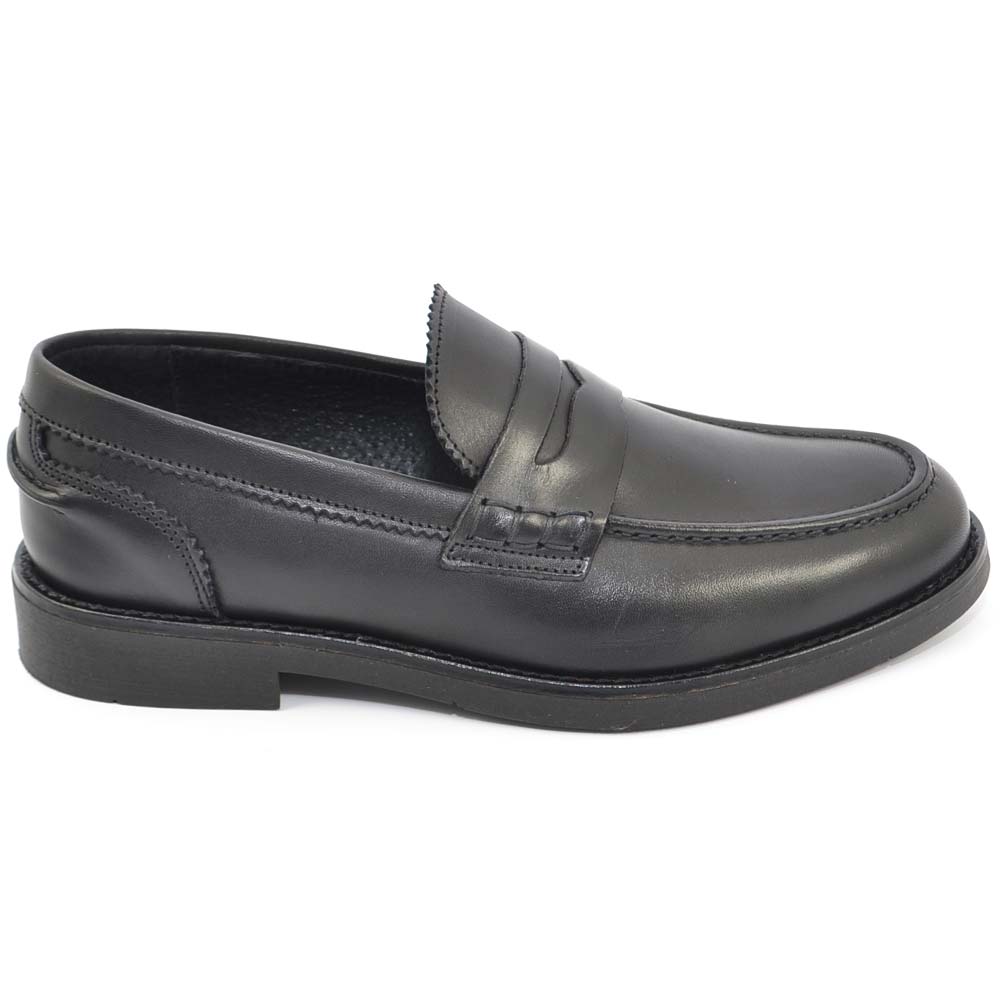 Scarpe uomo mocassini inglese college vera pelle morbida di crust nera con bendina made in italy fondo gomma